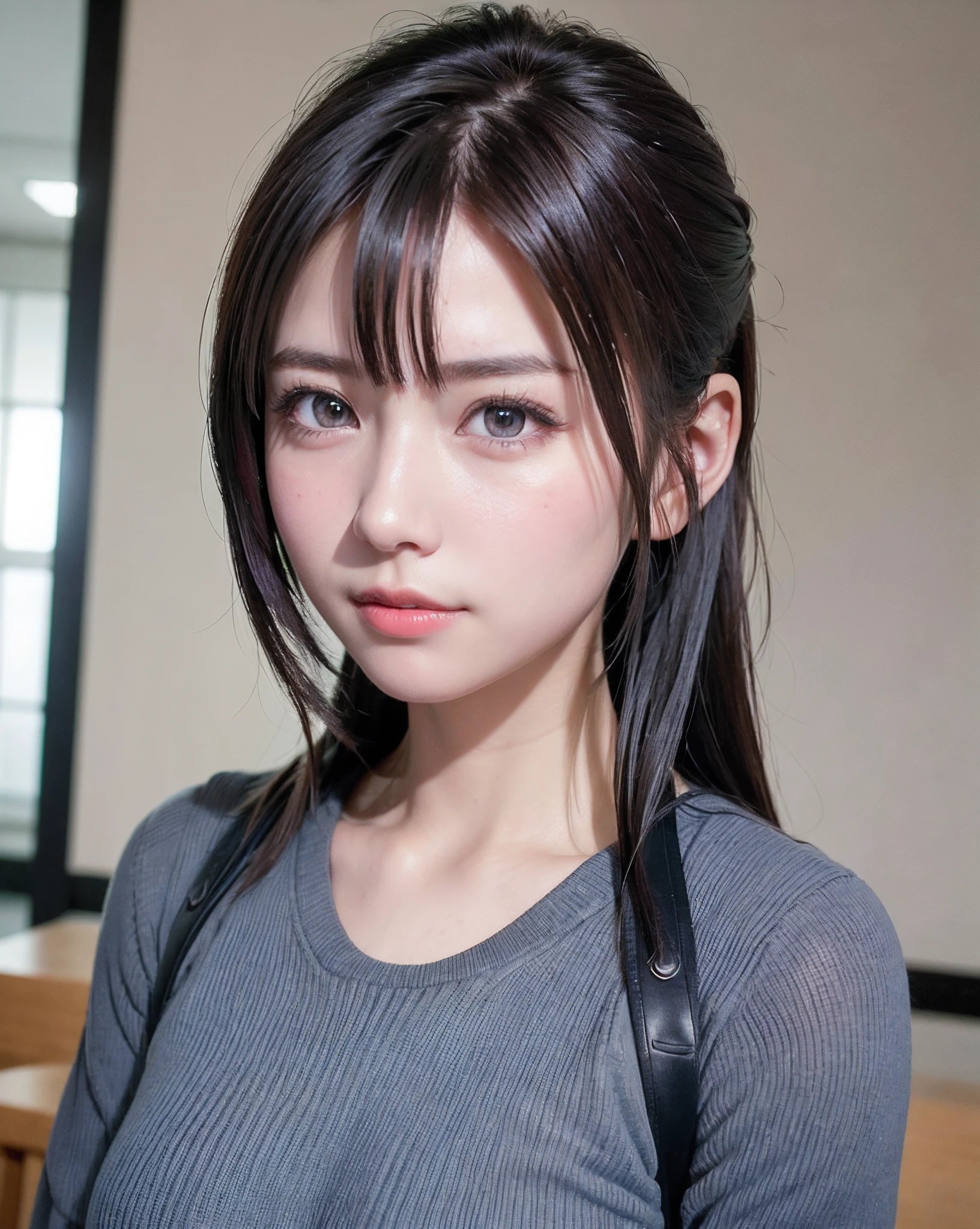 top-quality、8K Masterpiece、超A high resolution、(Photorealsitic:1.3)、Raw photo、女の子1人、silver white hair、poneyTail、glowy skin、1 super beautiful college girl、((super realistic details))、portlate、globalillumination、Shadow、octan render、8K、ultrasharp、highly intricate detail、Realistic light、CGSoation Trends、Beautiful eyes、radiant eyes、Facing the camera、