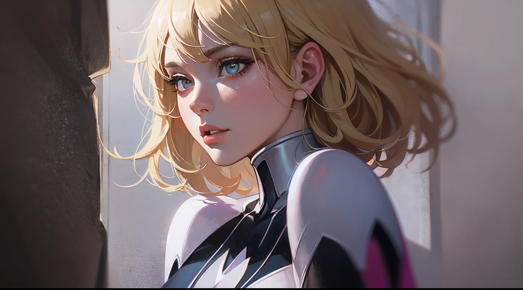 Retrato 8k de Spider-Gwen bonito de corpo todo, com roupa, spidergwen spiderverse version, blonde hair, water, vestindo fantasia de aranha gwen, (usando capuz:1.1), cabelos longos, intrincado, altamente detalhado, fotografia digital, Arte de Artgerm e Ruan Jia e Greg Rutkowski Surreal, (master part, side-lighting, belos olhos finamente detalhados: 1.2), HDR, Olhos coloridos de Bloe,