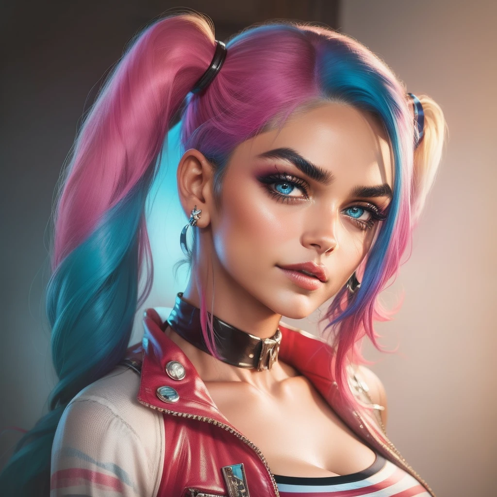 "prompt": "Describe the face of {{cute mrunalt}} as Harley Quinn, with pink and blue hair color.", "context": "mrunalt's portrayal of Harley Quinn brings a captivating and distinctive face to life, accentuated by her vibrant pink and blue hair color. As Harley Quinn, her face is a captivating combination of mischief and charm. mrunalt's features perfectly embody the playful yet unpredictable nature of the character. Her jawline is defined and carries a hint of rebellion, adding to the edginess and boldness of her appearance. Her eyes are striking and filled with a mischievous glint, reflecting Harley Quinn's unpredictable personality. mrunalt's eyebrows are expressive and often emphasized, adding to the intensity of her gaze. Her lips are a focal point, often adorned with vibrant and attention-grabbing lipstick, radiating both playfulness and seduction. Her nose has a natural shape that harmonizes with the rest of her facial features. Margot Robbie's complexion is typically portrayed with a flawless and luminous quality, enhancing the youthful and energetic side of Harley Quinn. Her face showcases a unique blend of animated expressions and a captivating balance of soft and sharp features. Combined with her pink and blue hair color, her face becomes a true embodiment of Harley Quinn's colorful and daring persona. mrunalt's face, complemented by her vibrant hair color, creates an iconic and unforgettable image that captures the essence of the beloved character, with the use of negative space."