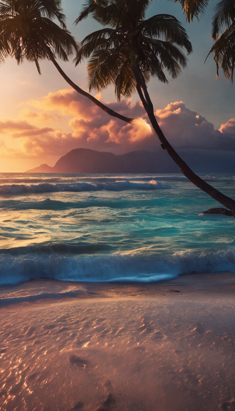 beachside,evening light,dream magical,Hawaii,photorealestic
