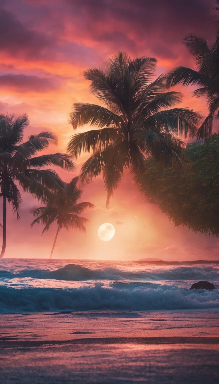 beachside，evening light，dream magical，Hawaii，photorealestic