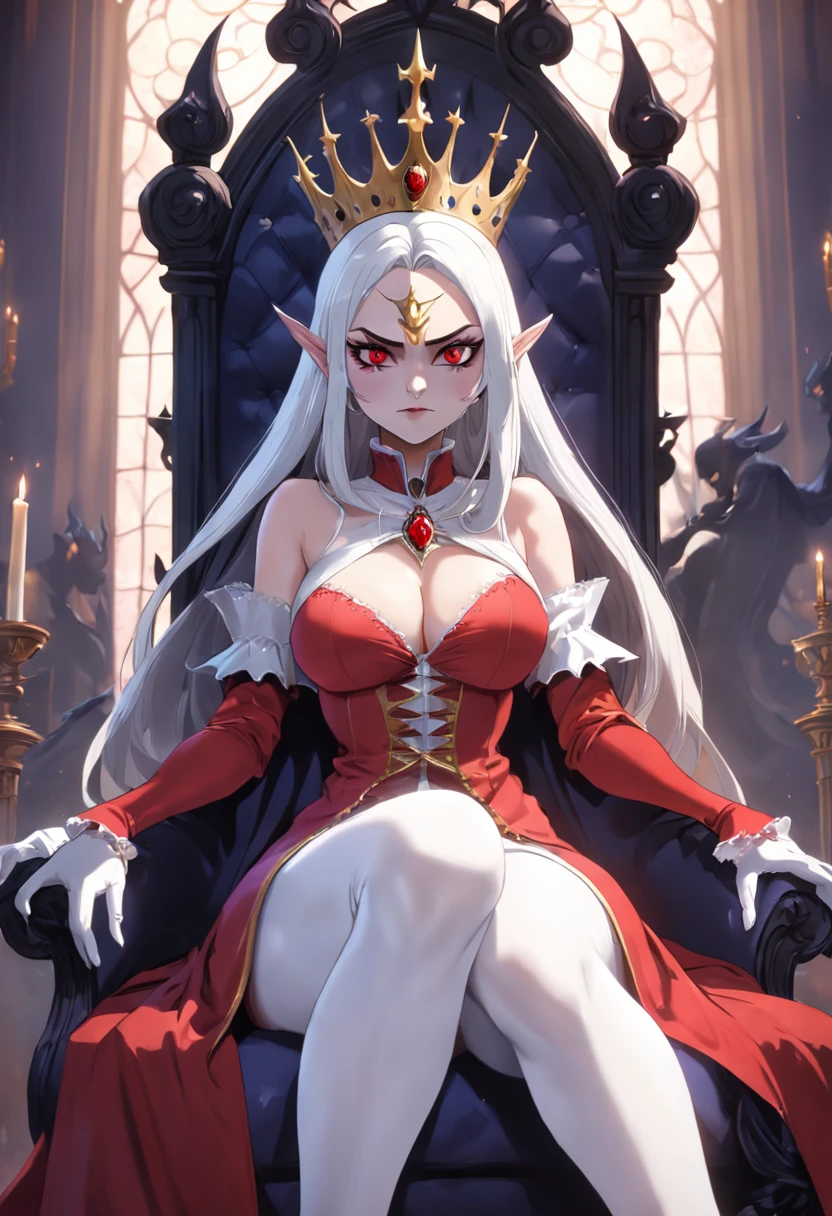 Evil Queen，White mask，White stockings，white long gloves，Redcoat，Full body like，conservativelydressed，No shoes，unholy，Sit Pose，sitting on an royal throne，big breasts beautiful，whaite hair