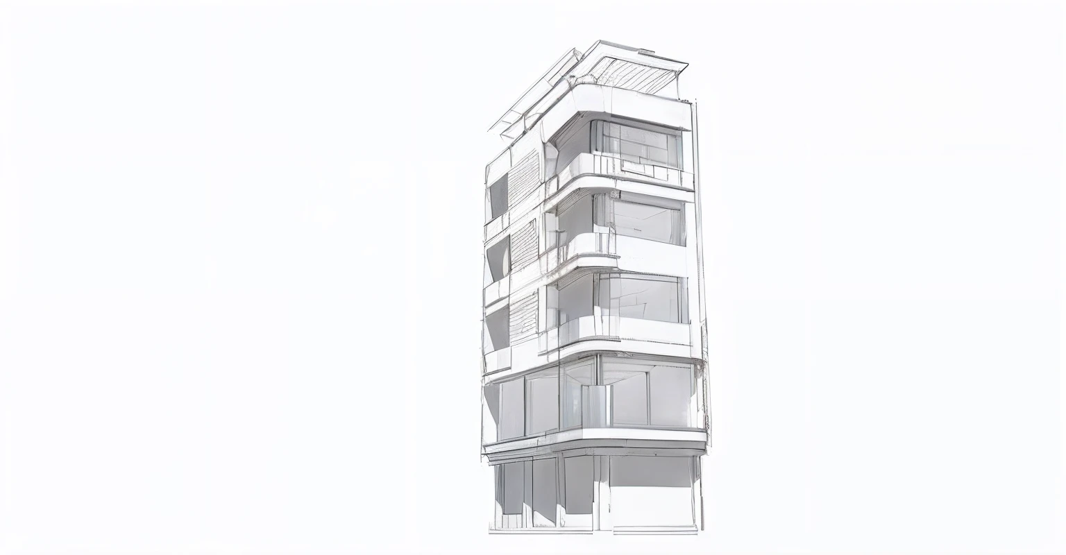 a drawing of a tall building with balconies on the top, building facing, architectural concept, architectural illustration, architectural sketch, architectural concepts, single building, elevation view, architecture concept, perspective view, sketch - up, architectural rendering, full building, low angle dimetric rendering, multistory building, architecture render, front-view, architecture drawing, architectural render