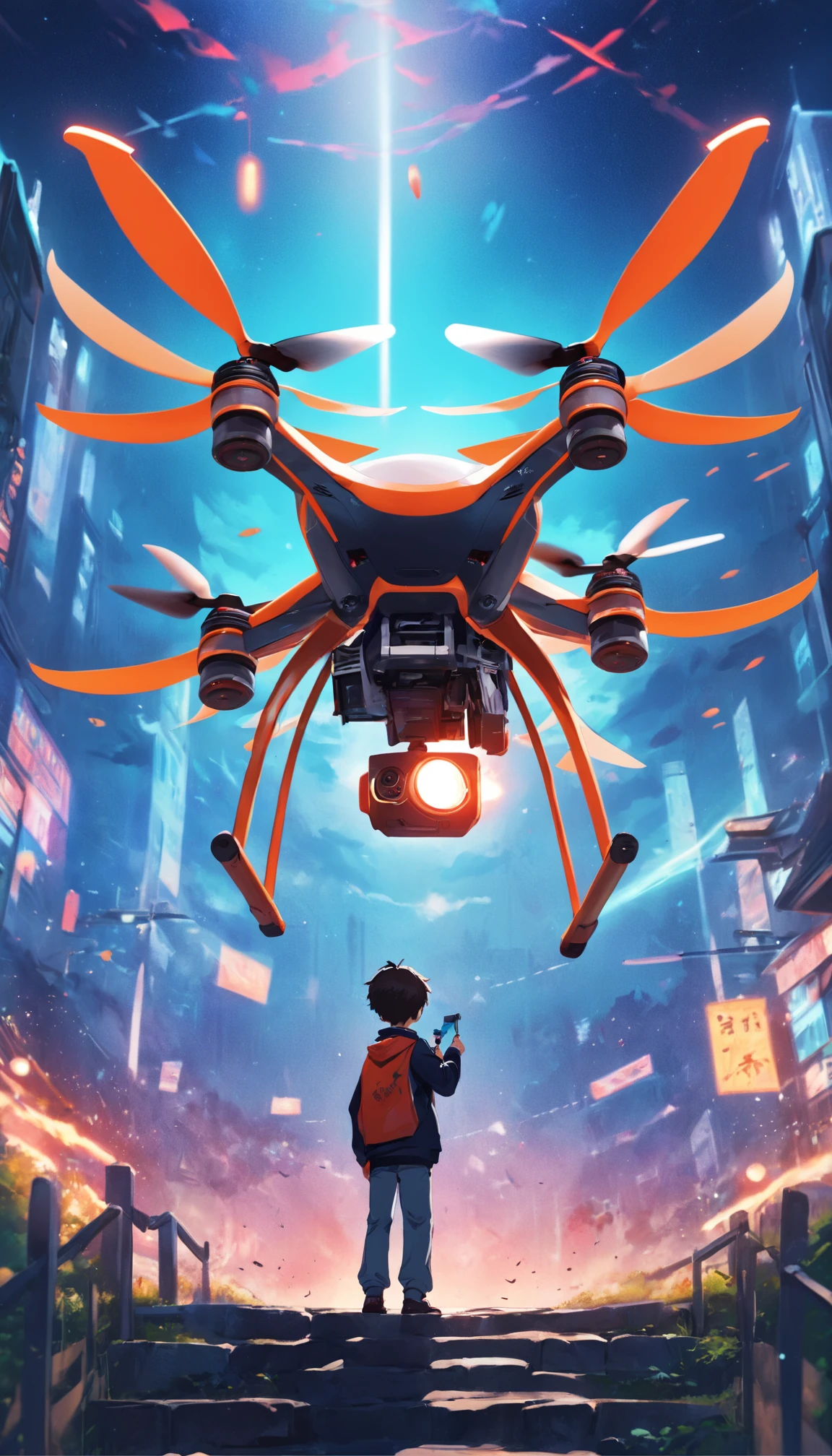 A boy controls a quadcopter drone