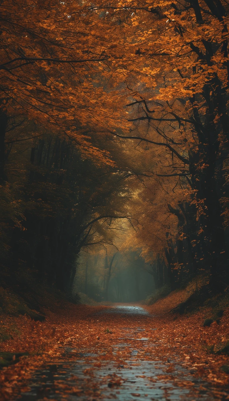 rainy days,Forest path,autumnal,falling leaf