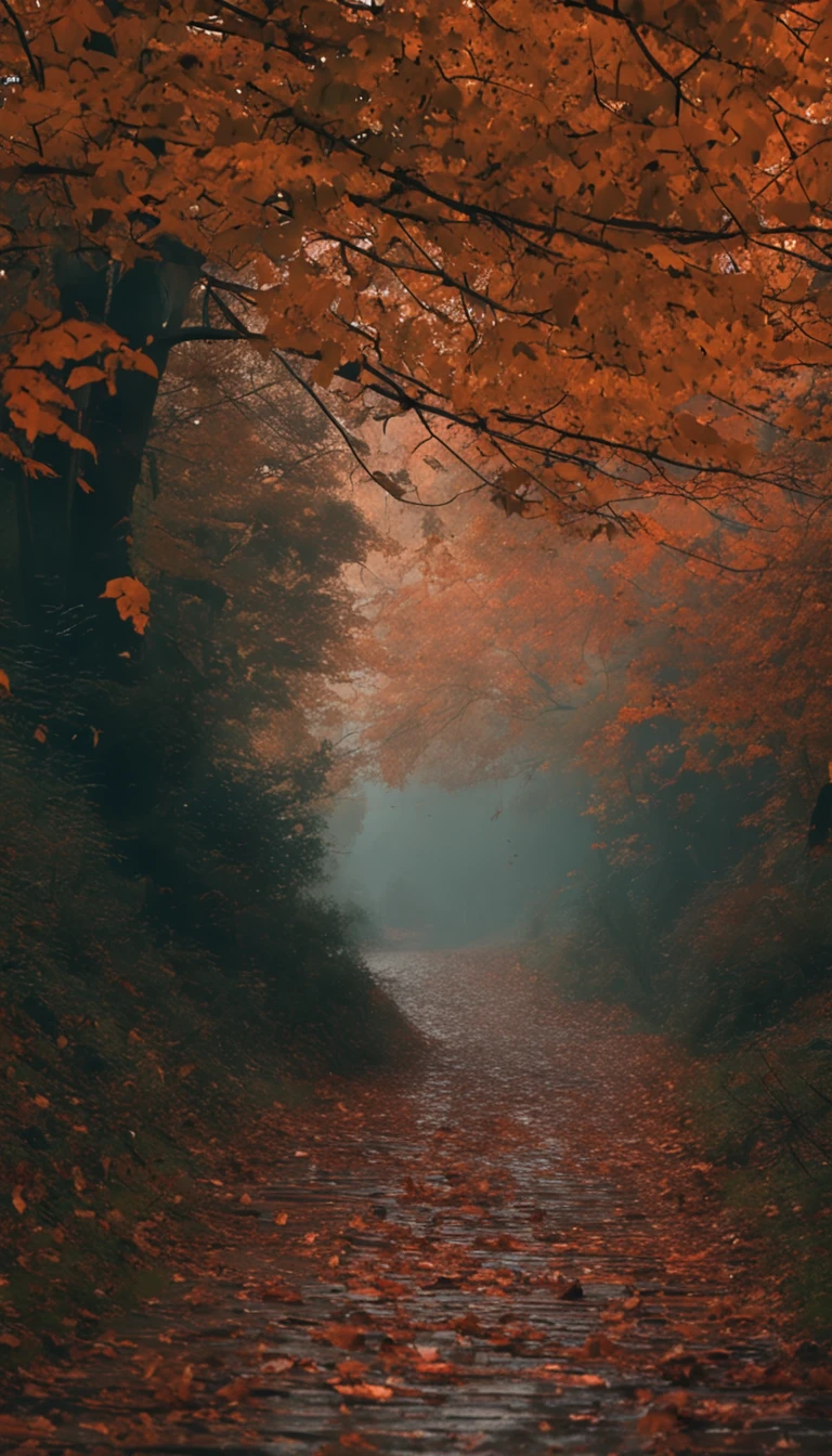 rainy days，Forest path，autumnal，falling leaf