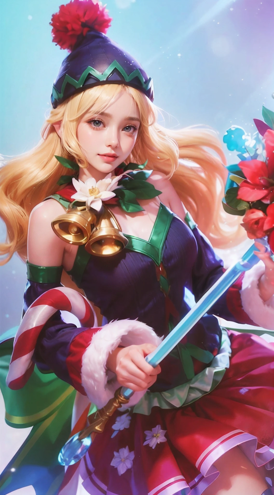 1girll, chrismast hat,（Enchanted quality：1.4），（True textured skins of the highest quality), Delicate face, Blonde hair, Gradient Hair, petite body,（perfect bodies：1.1）, There is a jewel on the forehead, rimless eyewear, PUPILS SPARKLING，long eyelasher,grin, hyperphotorealism, Cinematic lighting, projected inset, surrealism, hyper HD, masutepiece, 16 K，Lie down，Dream On，Please wear clear silk pajamas,Carmelto,legs slightly open，tattooed，Fantasy space，Luxurious space, True wearing texture, magic wand texture, realistic hair texture