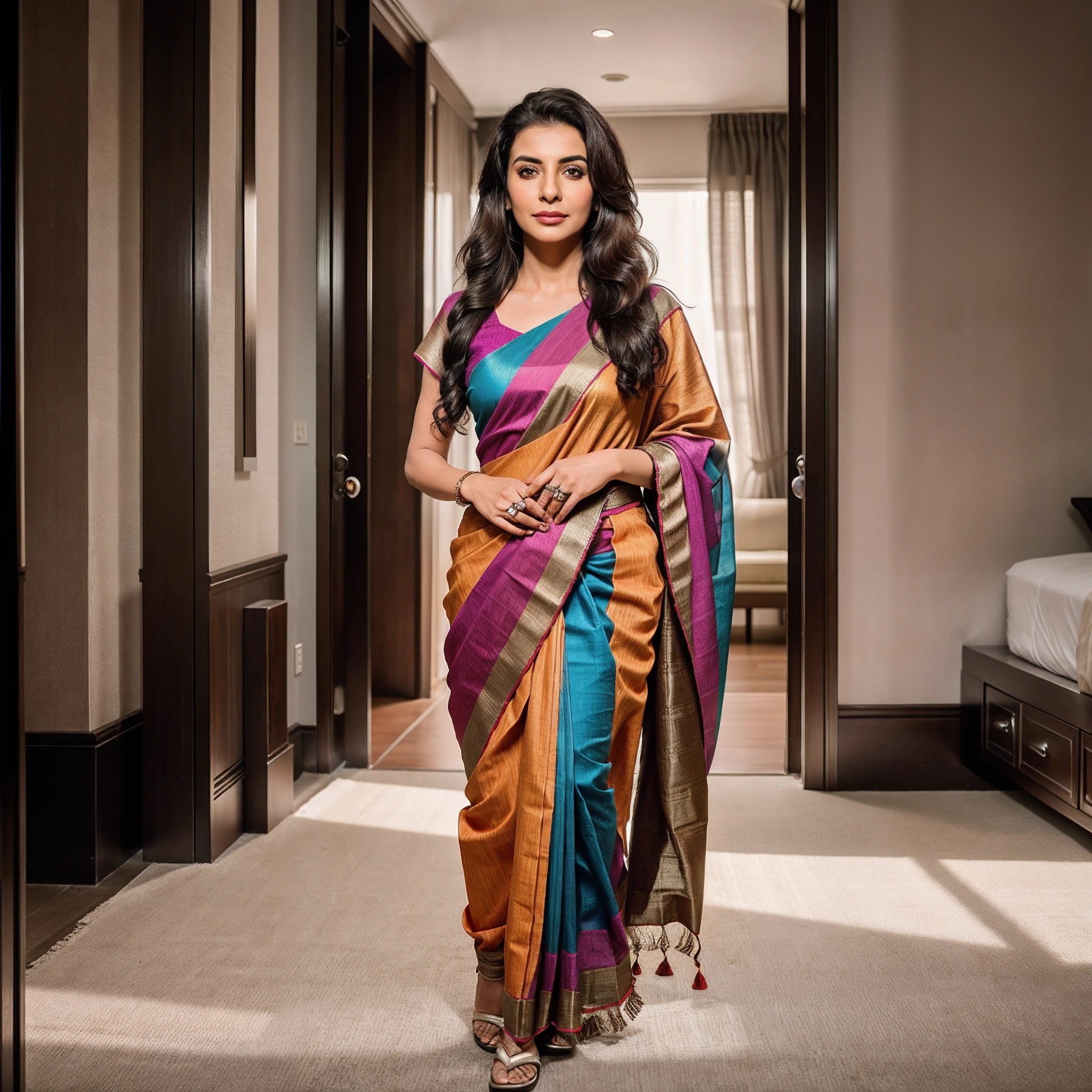 (Full body portrait:1.2),(((Sharpen))), hotel room, RAW, 8k, hard light, realistic skin texture, (((photorealism)), closeup, there is a woman, (she is 55 years old:1), (looking like indian aunty:1), (she has biggest hips:1.2),she is very beautiful, she has weared (saree, colorful saree, traditional saree, traditional blouse), she is so sexy, she is looking like Tisca Chopra, she has brown skin, she is looking like Indian,she is standing, she is ((looking directly at viewer),(front view:1.4))