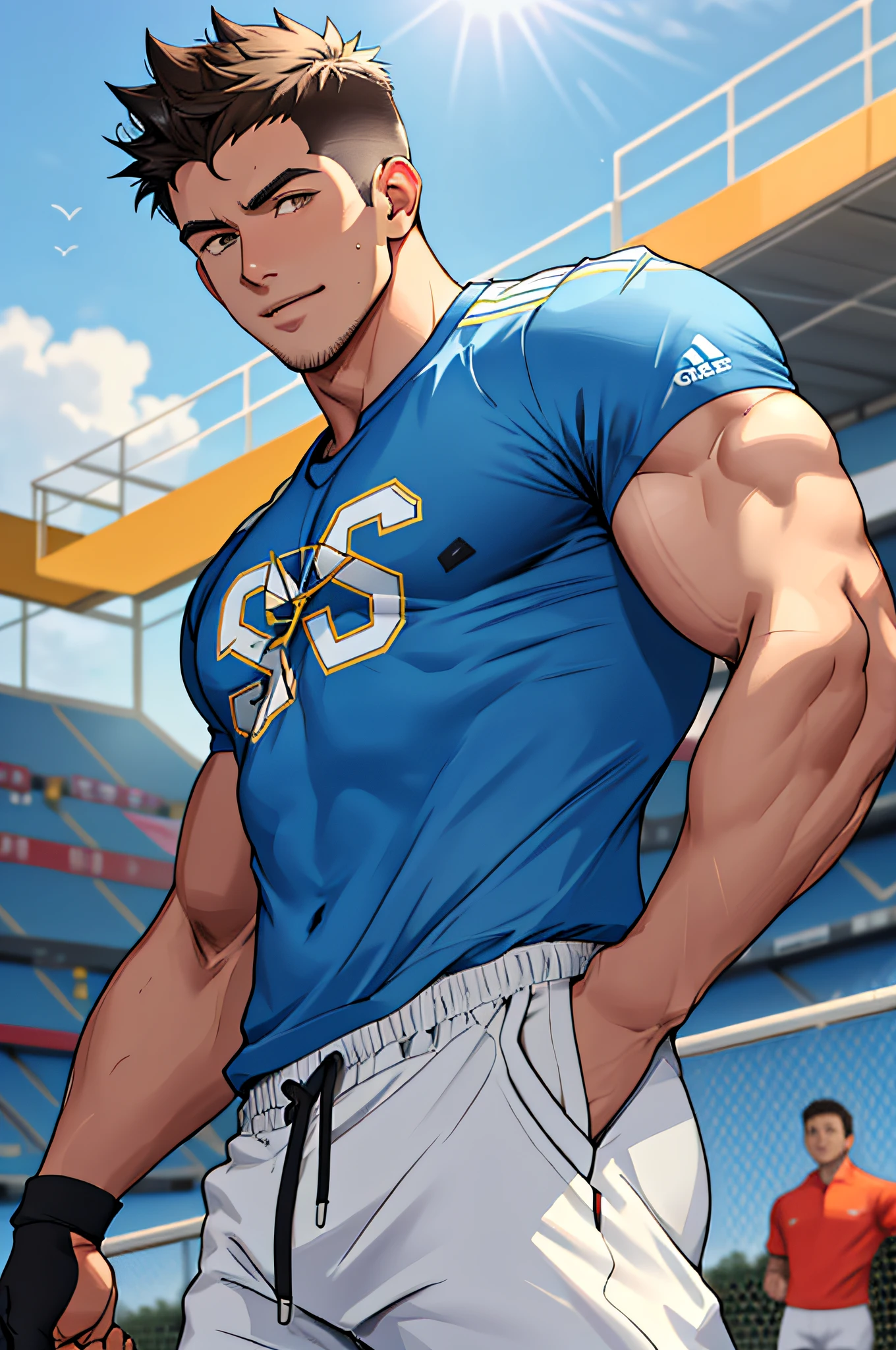 Draw a full-fledged athlete，Stand on the central field of the gym，He wears high-end sportswear，The man looks confident and determined，rays of sunshine，cheerful big breasts，Handsome，Crew cut，full bodyesbian，shooting from below，