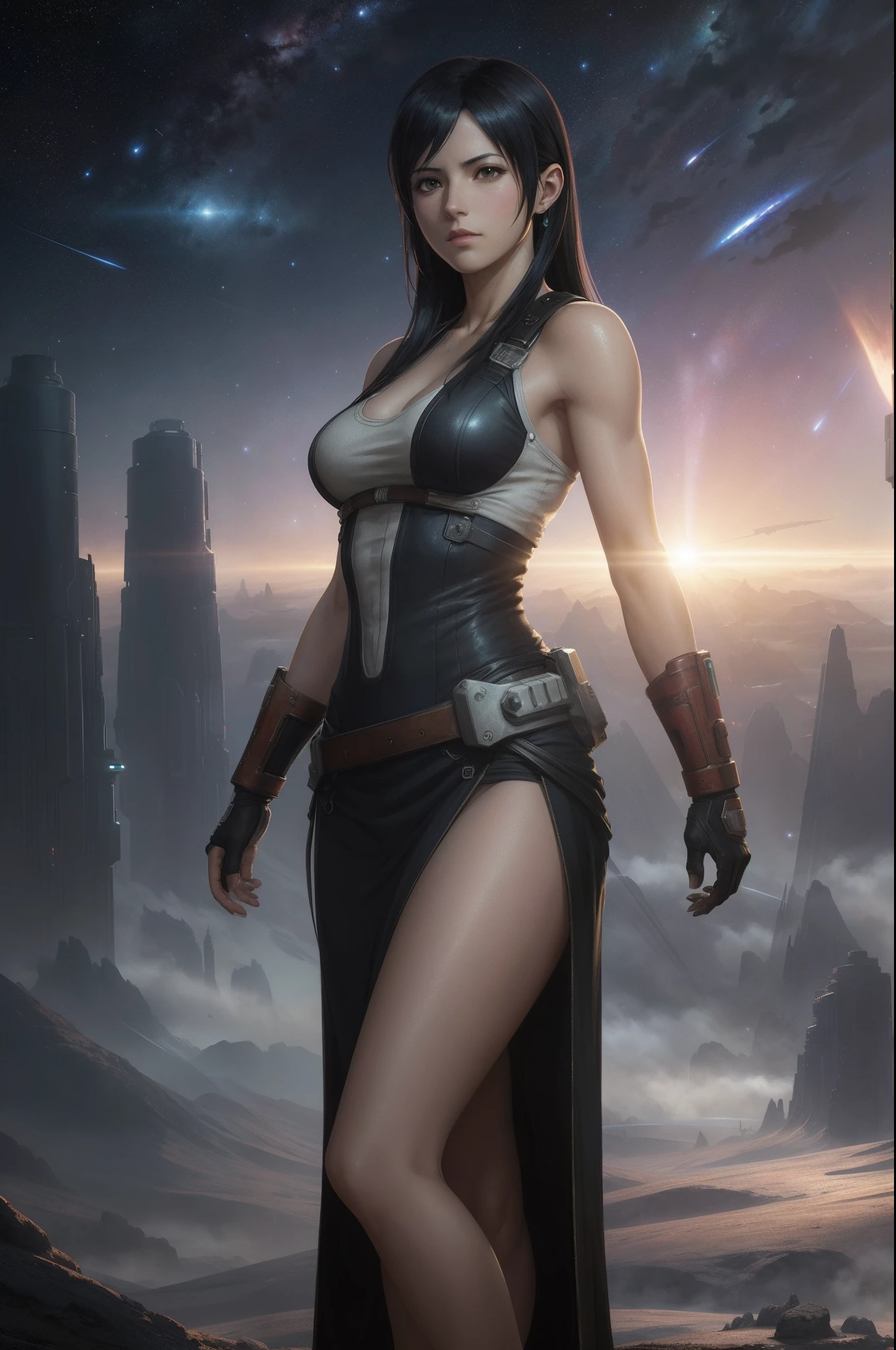 tifa ff7, oil on matte canvas, sharp details, the expanse scifi spacescape ceres colony, intricate, highly detailed, digital painting, rich color, smooth, sharp focus, illustration, Unreal Engine 5, 8K, art by artgerm and greg rutkowski and alphonse mucha, Unreal engine 5 effects.