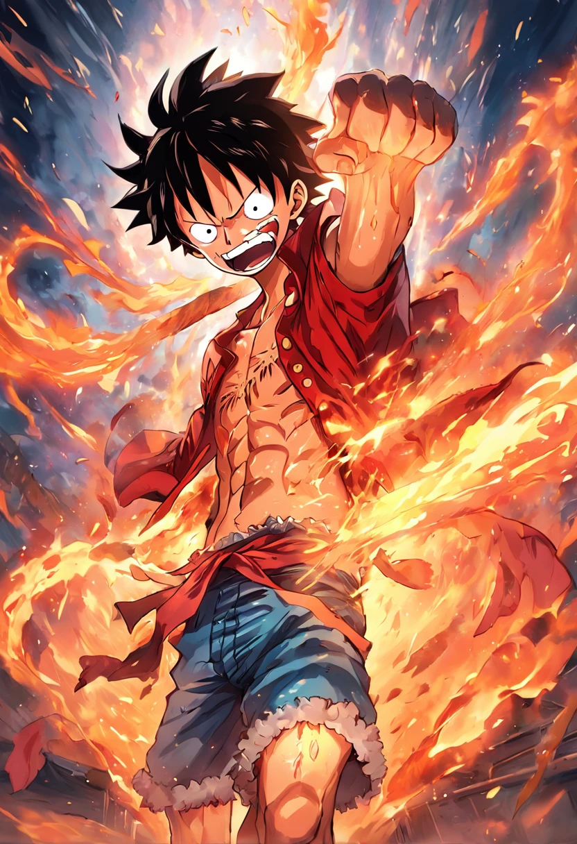 Design amazing posters,Features the fifth gear Luffy as the protagonist "One Piece" In the heat of the moment. Capture the essence of his burning determination and indomitable spirit,For he unleashed his anger on his enemies. Keep it short, Bold, And strongly convey the raw power of Luffy's anger.