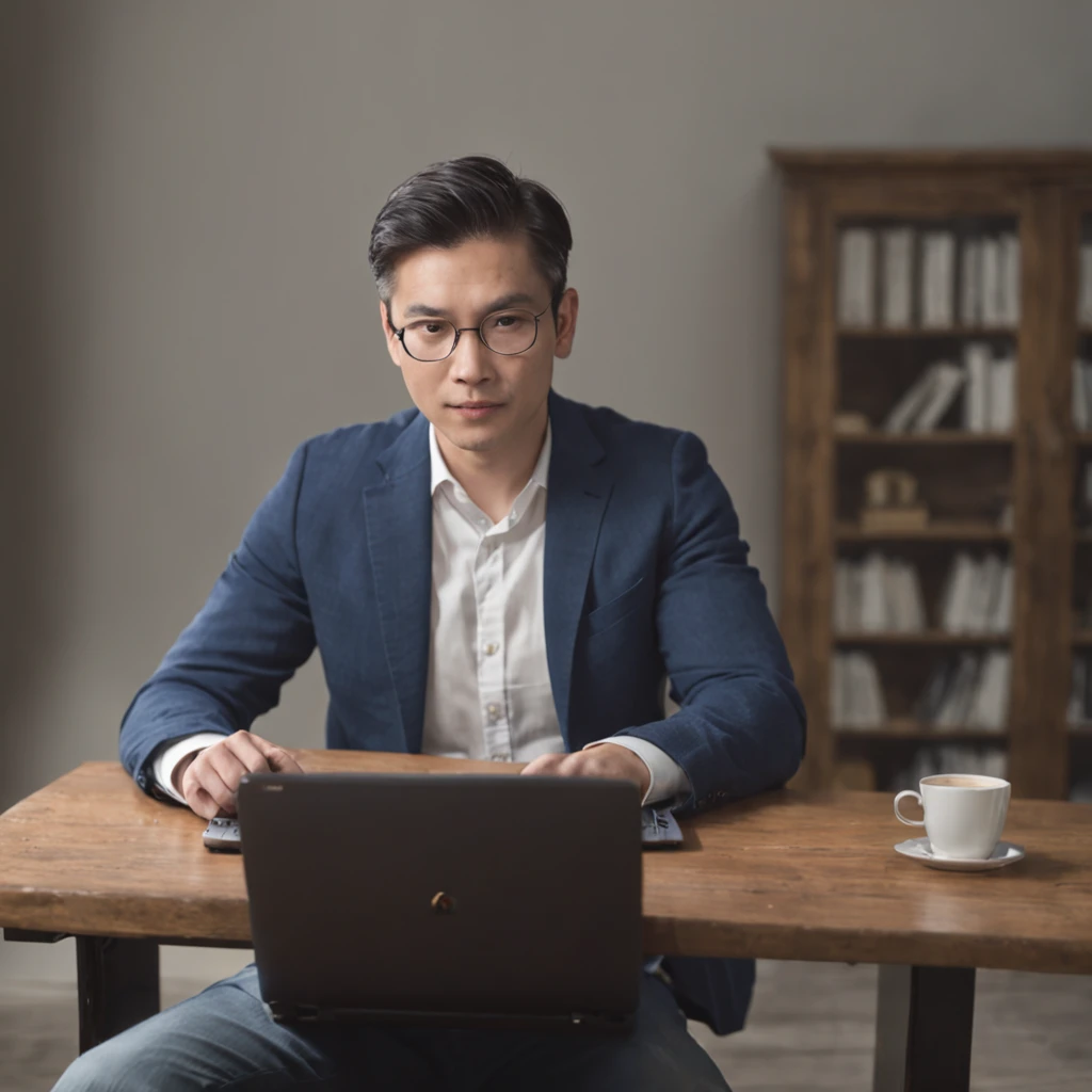 there is a man sitting at a table with a laptop, working on a laptop at a desk, in front of a computer, sitting at a computer, sitting in front of computer, typing on laptop, sitting at a computer desk, sitting at desk at keyboard, computer, advanced technology, ad image, professional, with a laptop on his lap, anime style, cinematic ,masterpiece, color grading