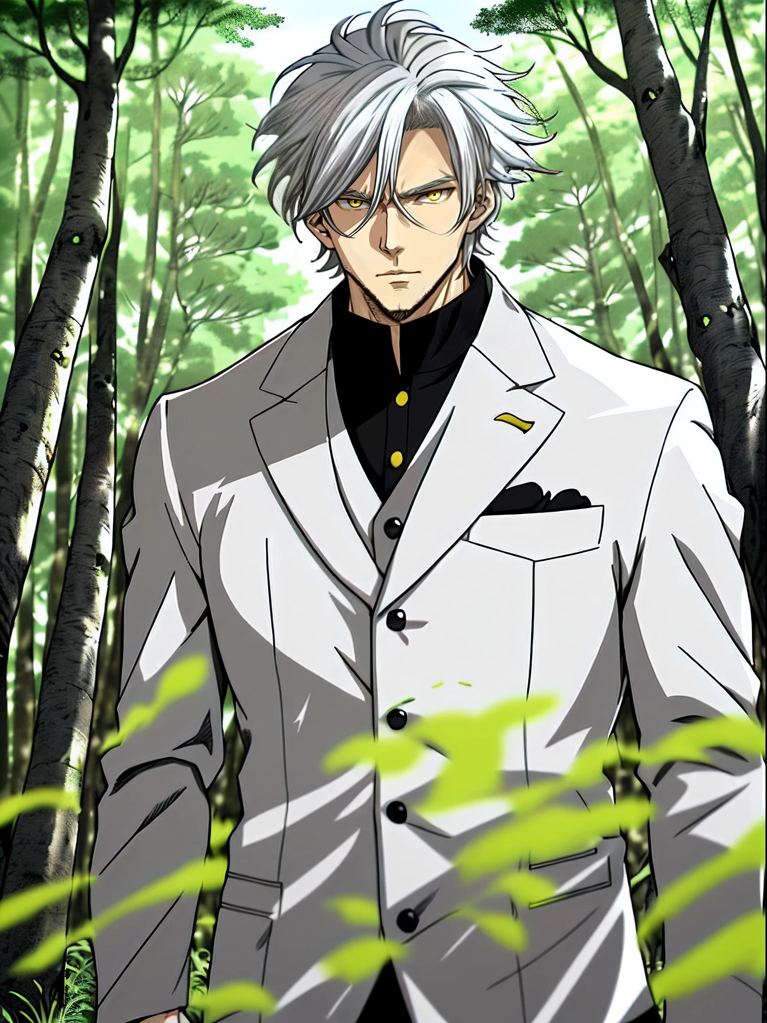 Anime character with white hair and yellow eyes standing in the green woods,White clothes,Anime portrait of a handsome man, Tall anime man with yellow eyes, Anime handsome man, a silver haired mad, White color hair, handsome guy in demon killer art, offcial art