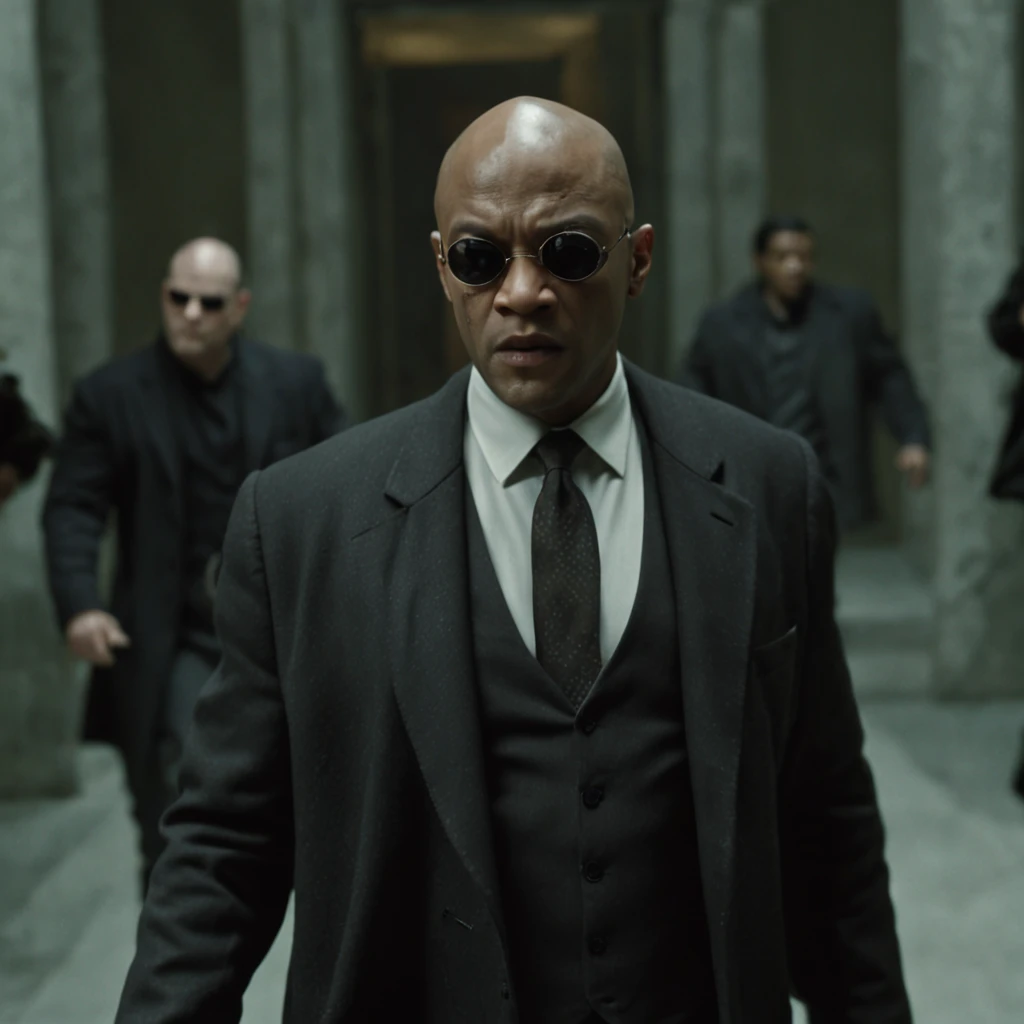 a full-length cinematic HDR still shot of Laurence Fishburne Morpheus fighting Agent Smith in "The Matrix" film from 1999: Laurence Fishburne Morpheus.