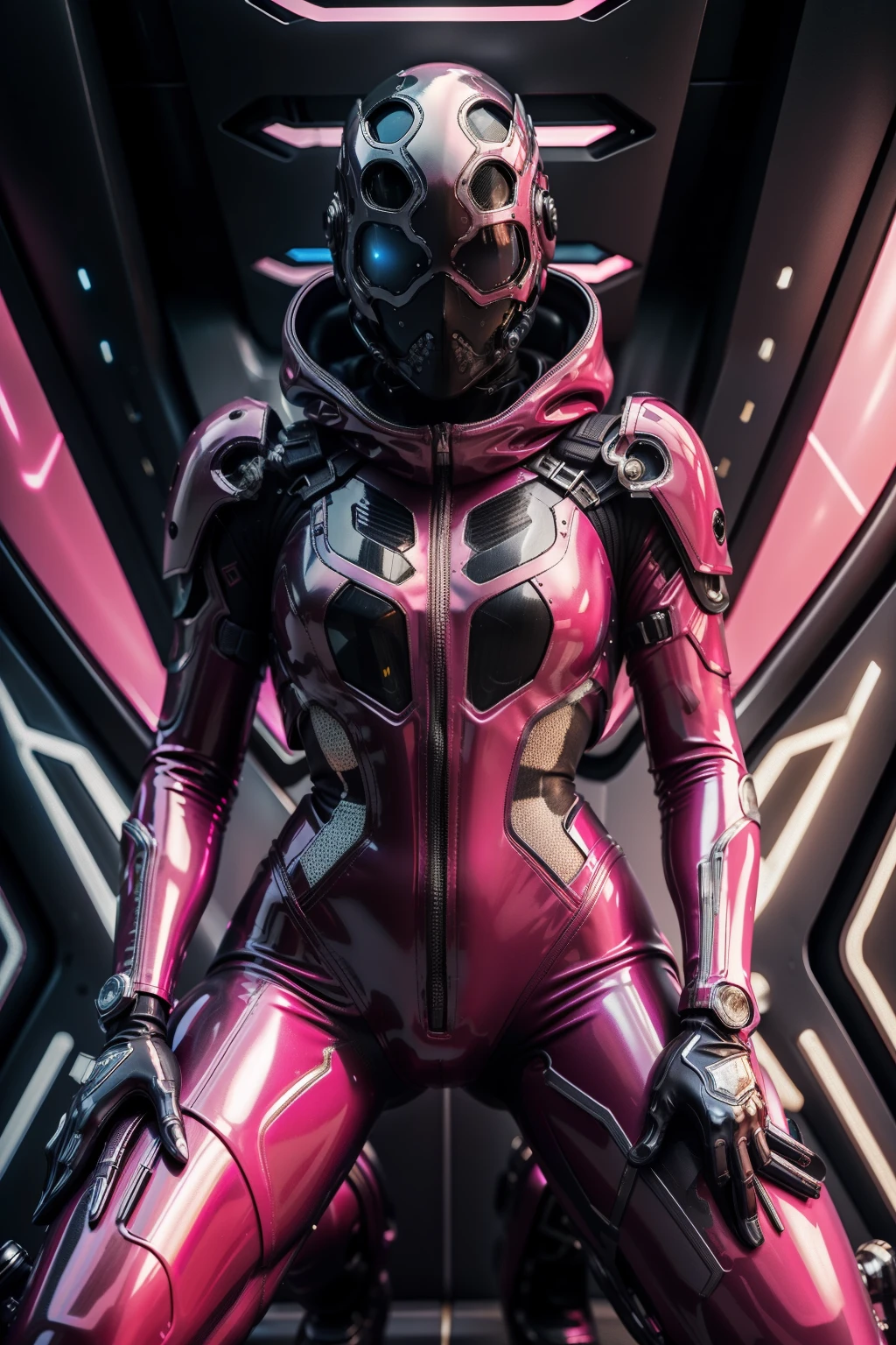 Full body like,(RAW photo:1.2),Pink latex jumpsuit,Hollow-out on,Holt collar, latex shiny,tight-fitting,sweat leggs,White liquid, Pink body, wearing atsuko kudo latex outfit, wearing tight suit, Smooth pink skin, catsuits, Wearing latex, shiny plastic, shiny metallic glossy skin, The color of pink glow, latex outfit, chrome bodysuit, cyberpunk glossy latex suit, Shiny, futuristic glossy latex suit spread their legs M-shaped legs angry look sullenness Irritated,white liquid all over body,