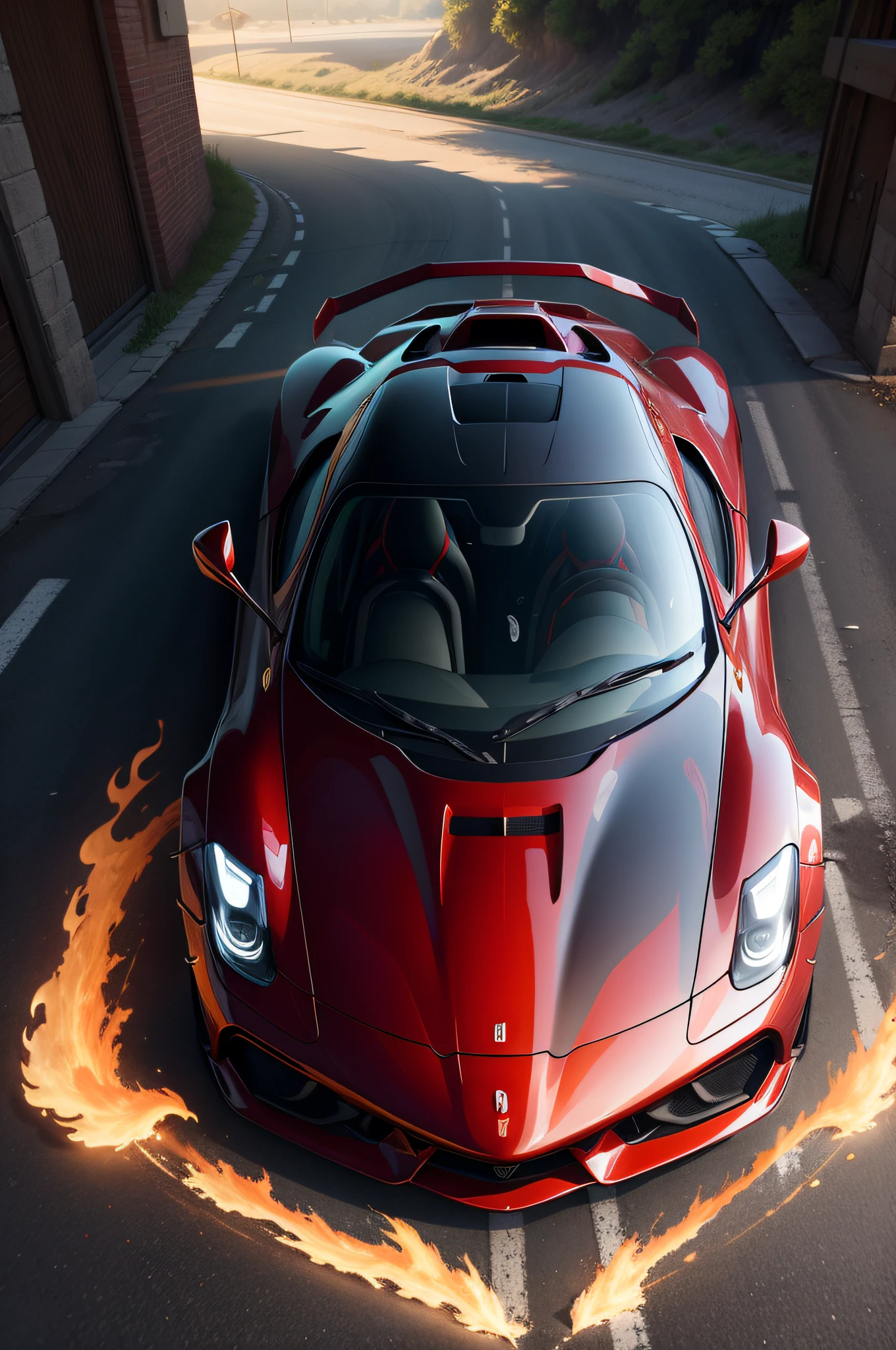 Ultra HD photorealistic concept art: 1 Red Ferrari futuristic concept car. Night time action shot. Smoking rear tyres. 1 million megapixels supersampled resolution, Broken Glass effect, no background, stunning, something that even doesn't exist, mythical being, energy, molecular, textures, iridescent and luminescent scales, breathtaking beauty, pure perfection, divine presence, unforgettable, impressive, breathtaking beauty, Volumetric light, auras, rays, vivid colors reflects