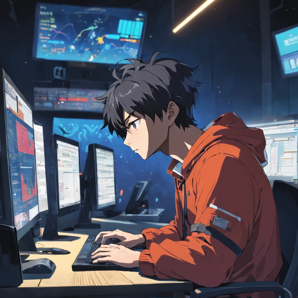 there is a man sitting at a table with a laptop, working on a laptop at a desk, in front of a computer, sitting at a computer, sitting in front of computer, typing on laptop, sitting at a computer desk, sitting at desk at keyboard, computer, advanced technology, ad image, professional, with a laptop on his lap, anime style, cinematic ,masterpiece, color grading