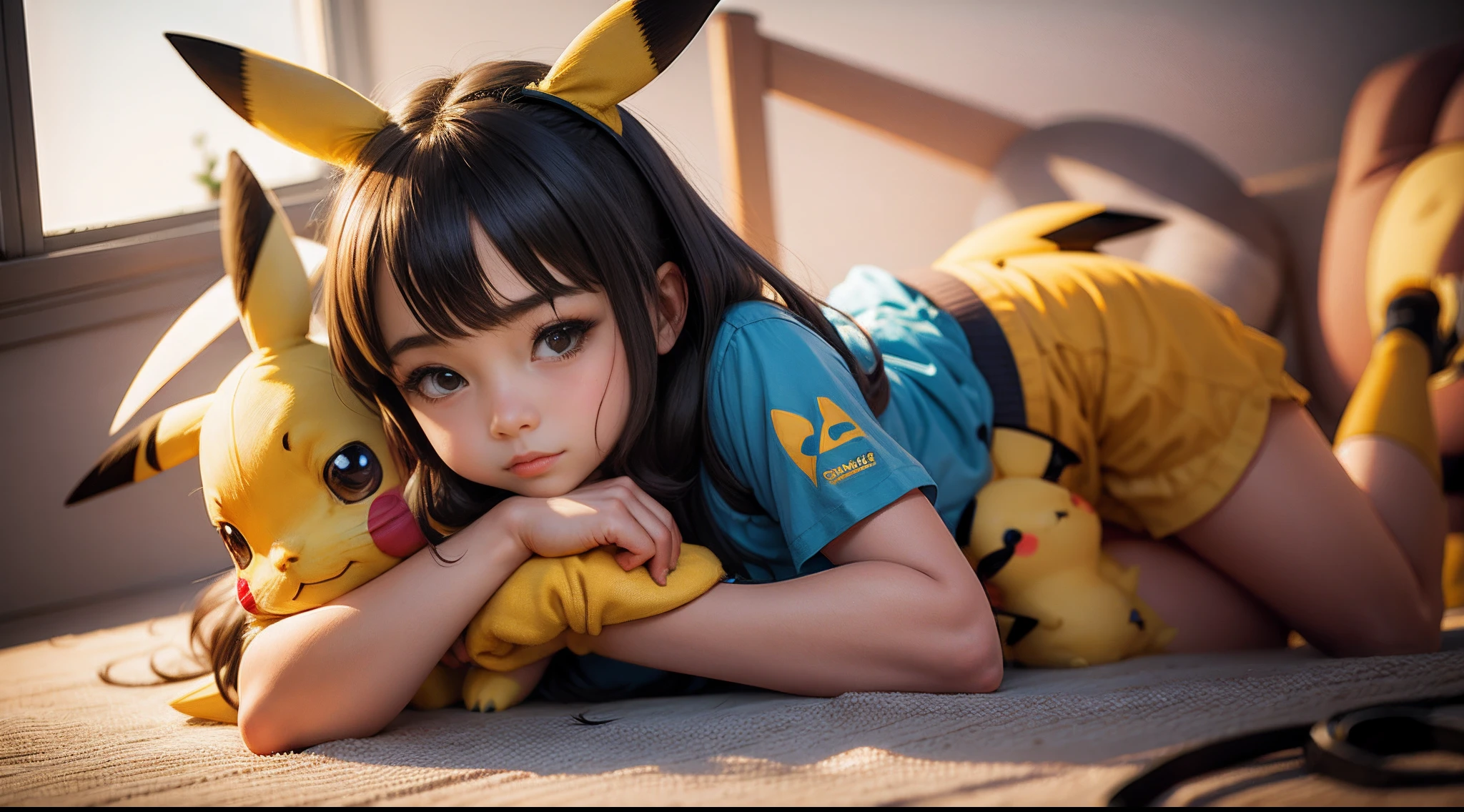 1girl, between breasts, crop top, cleavage, pikachu, shorts,, masterpiece, best quality, highly detailed