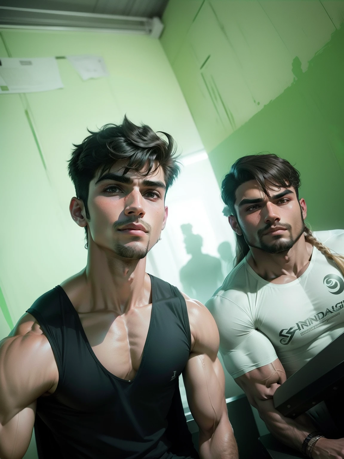 Handsome boy chenge background realistic long hair bodybuilder