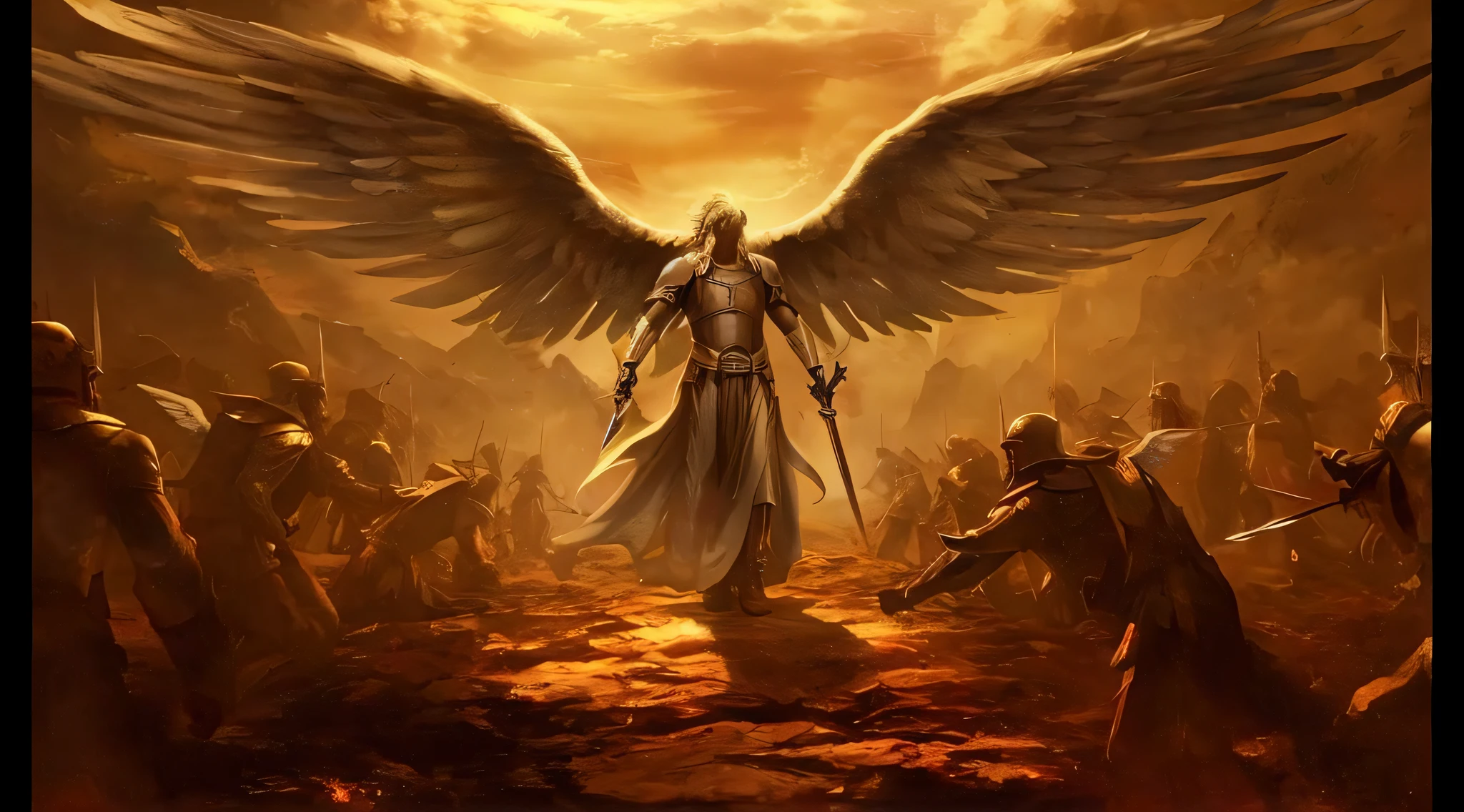 an image of a man with a sword standing in a desert, Anjo no inferno, arcanjo, angels vs demons, angel watching demon, angels and demons, anjo protegendo o homem, Arcanjo Miguel, O Anjo da Morte, Battle between angels and demons, anjo super largo, epic angel wings, angels protecting a praying man, necessidade humana anjo da morte