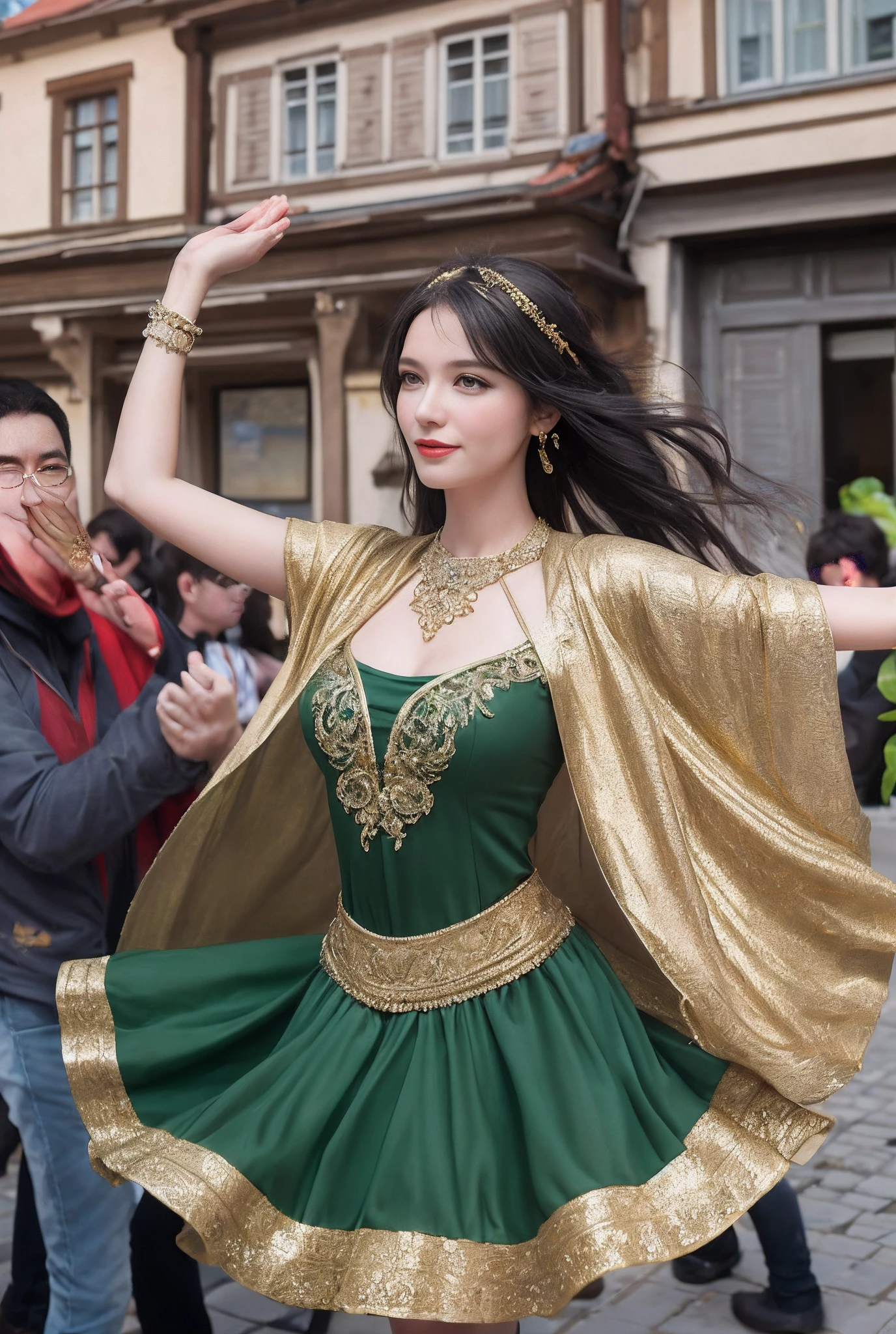 (Masterpiece, Best quality, Realistic),
1girll,Prague Old Town Square background, gypsy dress, Dancing, Intricate, Dark green dress, gold, gypsy person, banquet, crowd, picking up skirt,Pale skin,
[Slight smile],