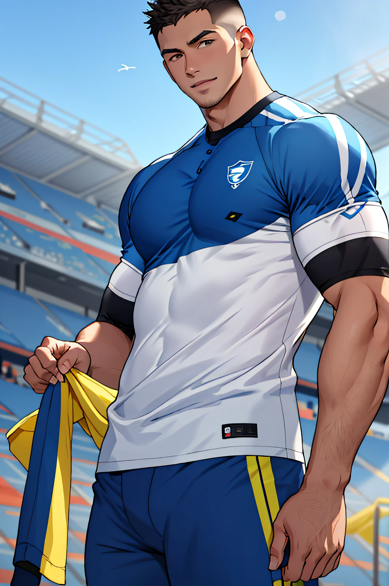 1 man, smile, (wearing white clothes, round neck, short sleeve football shirt.), Navy cargo pants, Korean guy , korean men, (High gloss details), chest muscles, Big arm muscles, blood vessel, big muscles, Broad shoulders, looking at the audience, Balancing the eyes, (Make eye contact), sports stadium, football