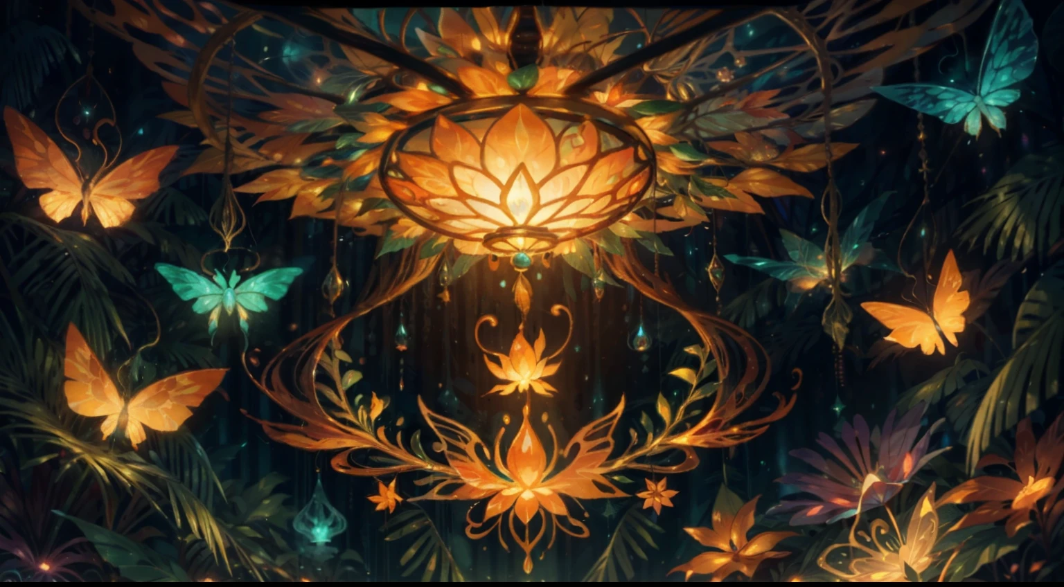 jungle scenery, an intricately ornated dreamcatcher with iridescent jewels, in a foggy nebula, slimestrands float glowing in an orange flamelike manner in an attempt to form dreamshapes, bioluminescent butterflies, fairlights floating like little lightbubbles to irradiate the scenery
