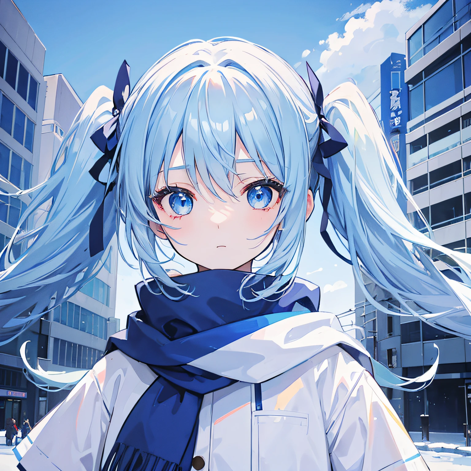 1girl, with light blue twintails hair and blue eyes, wearing 2 hair ribbon and a blue and white school uniform. The scene is set in winter, with the girl looking directly at the viewer. This image can be used as a profile picture.City background.Masterpiece,high-quality,absurdres,scarf