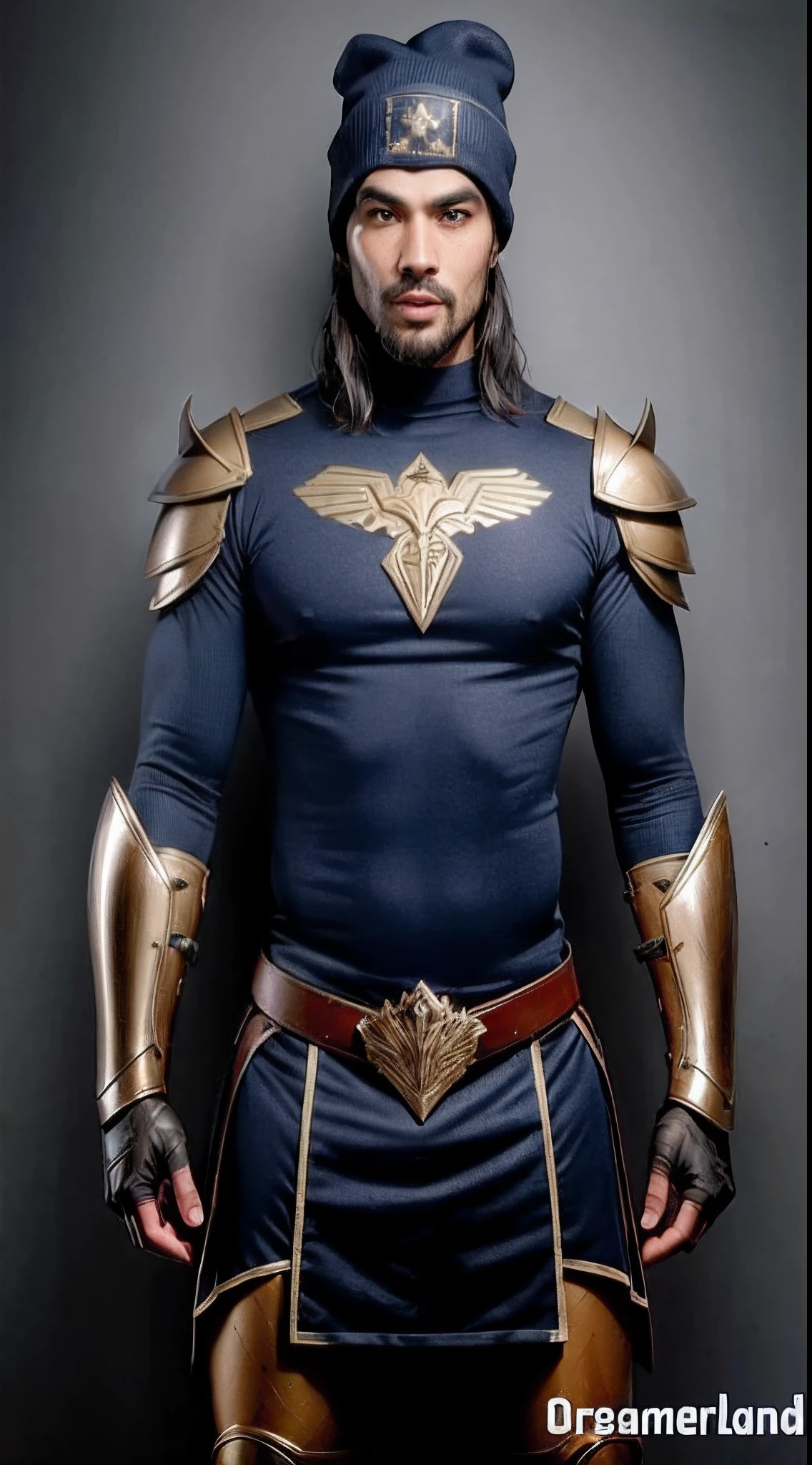 A closeup of a man in costume with hat and gloves, jason momoa as assyrian, Armadura dourada do corpo, superhero from the boys tv show, armadura de ouro elegante, steampunk superhero, armadura azul marinho, atraente macho de carne com armadura, Ouro Sci - Armadura de Fi:, Arsen Lupin como um paladino, Armadura Obsidiana de Ouro, Asgardiano