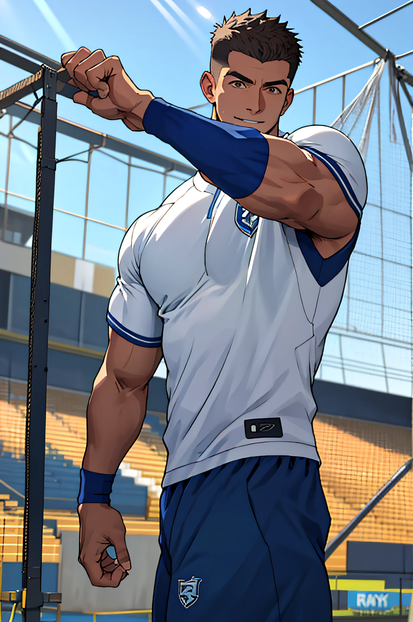 Draw a full-fledged athlete,Stand on the central field of the gym,He wears high-end sportswear,The man looks confident and determined,rays of sunshine,cheerful big breasts,Handsome,Crew cut,full bodyesbian,shooting from below,