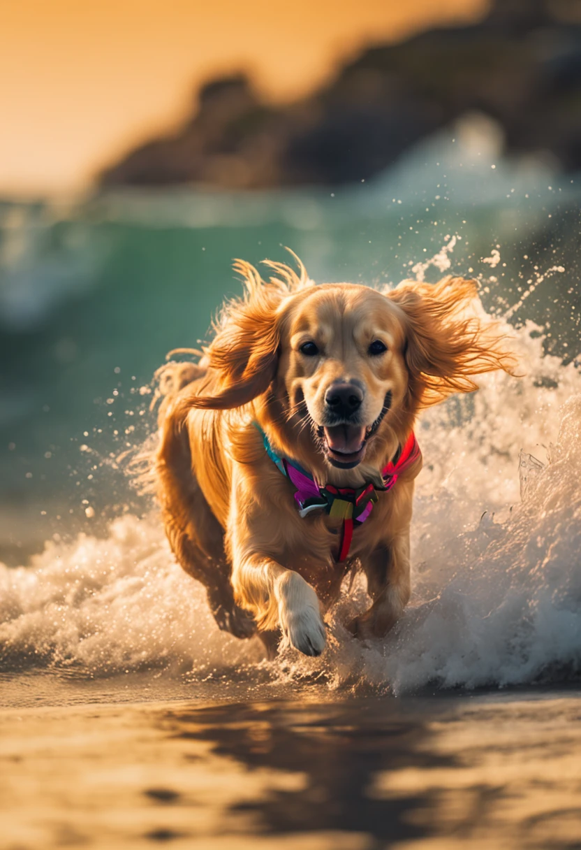 golden retriever surfando colorido