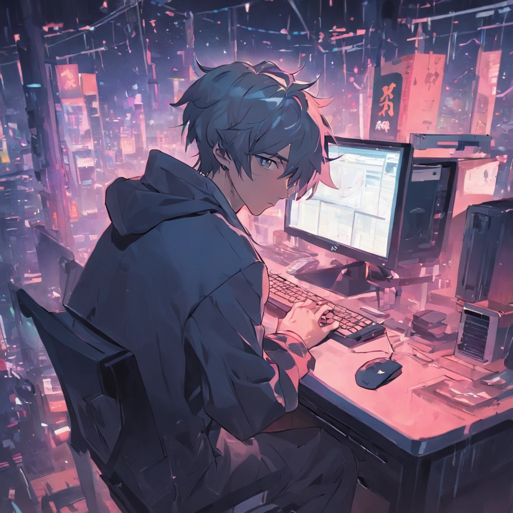 there is a man sitting at a table with a laptop, working on a laptop at a desk, in front of a computer, sitting at a computer, sitting in front of computer, typing on laptop, sitting at a computer desk, sitting at desk at keyboard, computer, advanced technology, ad image, professional, with a laptop on his lap, anime style, cinematic ,masterpiece, color grading