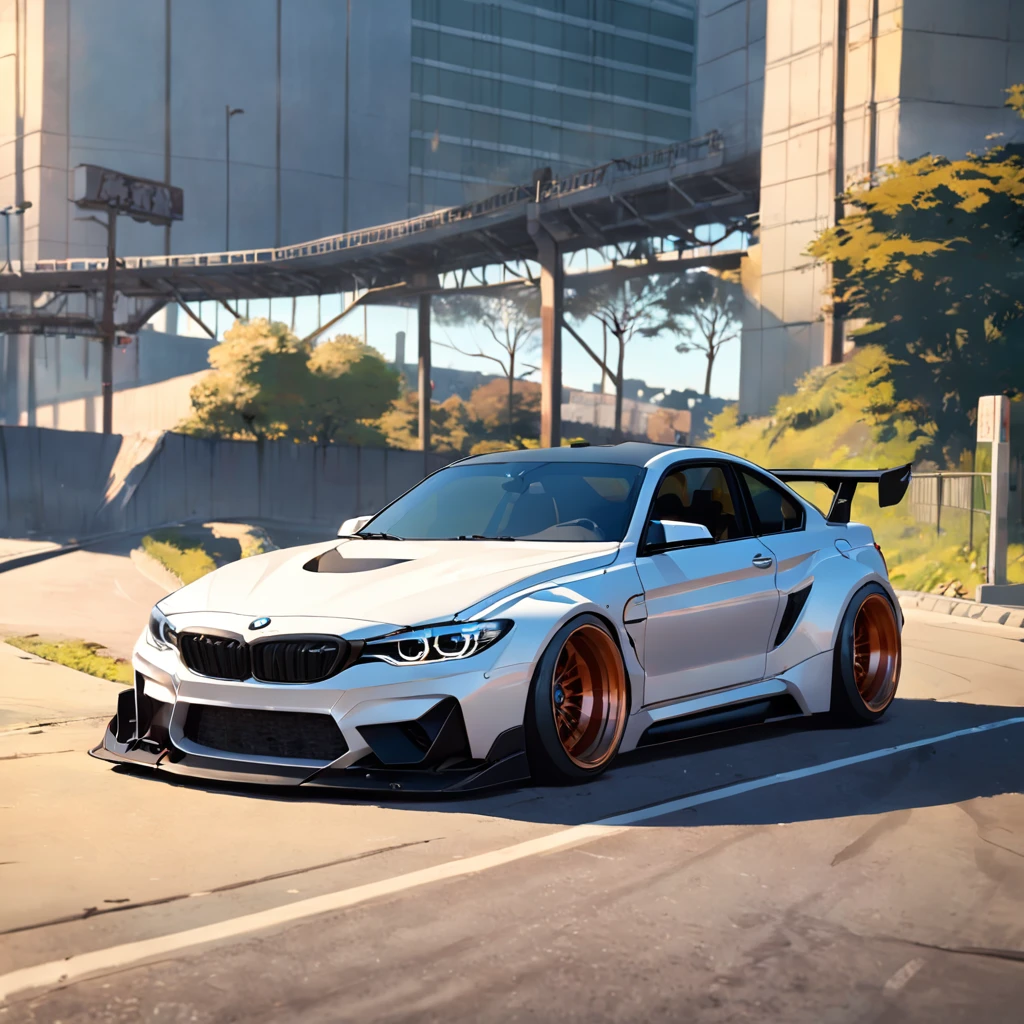 Bmw with liberty walk body kit, riding on the road, in sunshine morning