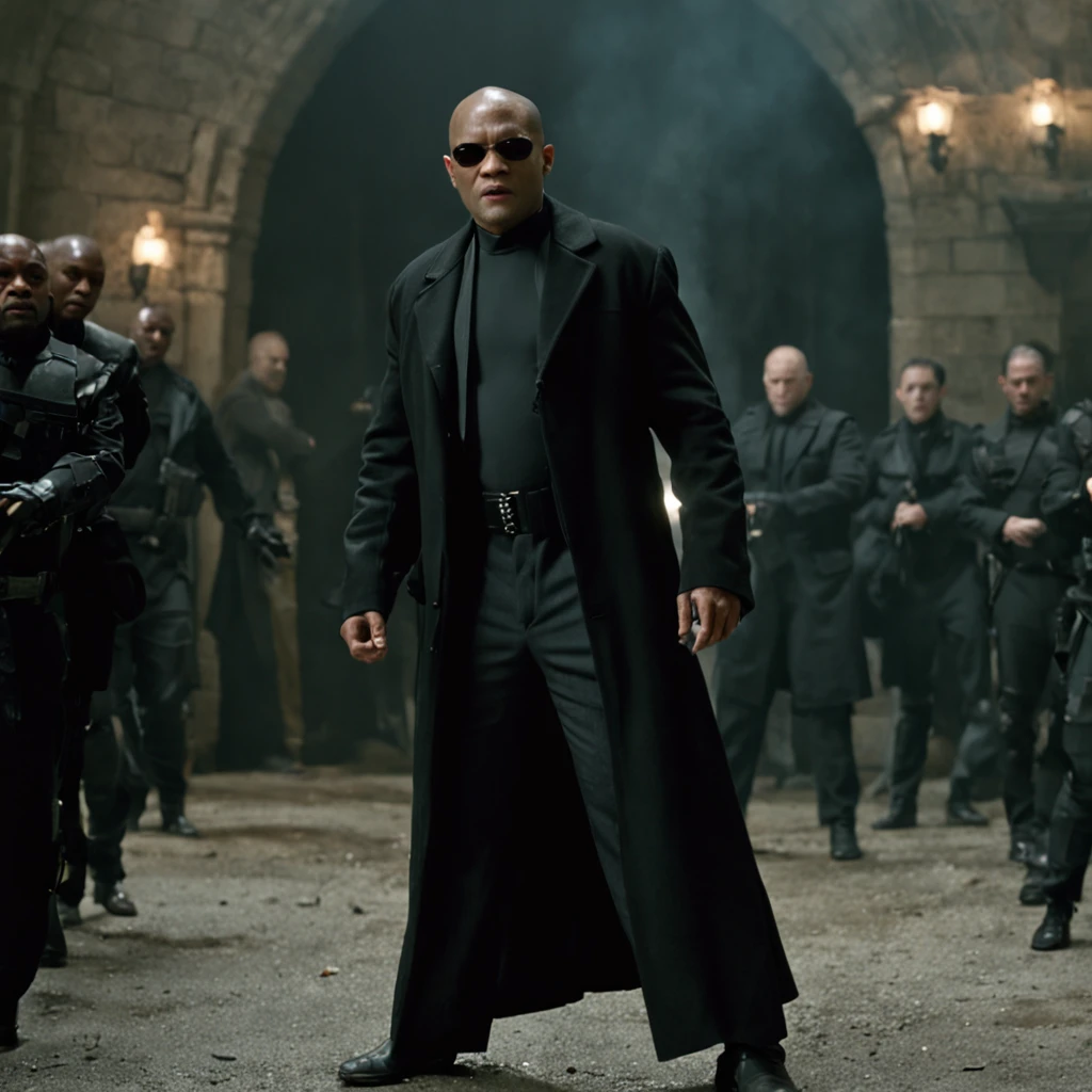 a full-length cinematic HDR still shot of Laurence Fishburne Morpheus fighting Agent Smith in "The Matrix" film from 1999: Laurence Fishburne Morpheus wearing, Morpheus wearing The Matrix Laurence Fishburne Alligator Coat