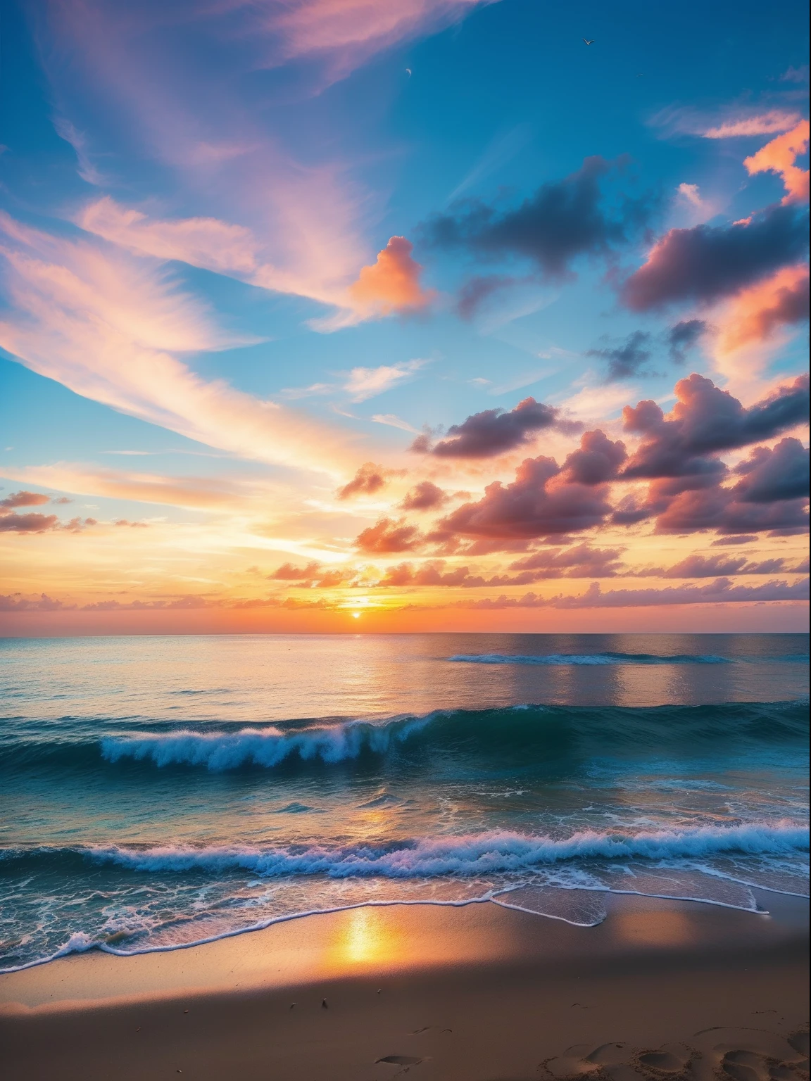 An absolutely mesmerizing sunset over the beach, with a blend of oranges, pinks, and yellows filling the sky. Crystal-clear waters of the sea gently kissing the shore, with sandy white beach stretching far and wide. The scene is dynamic and breathtaking, with seagulls soaring high in the sky and gently swaying palm trees. Take in the calming atmosphere and let the peacefulness wash over you.