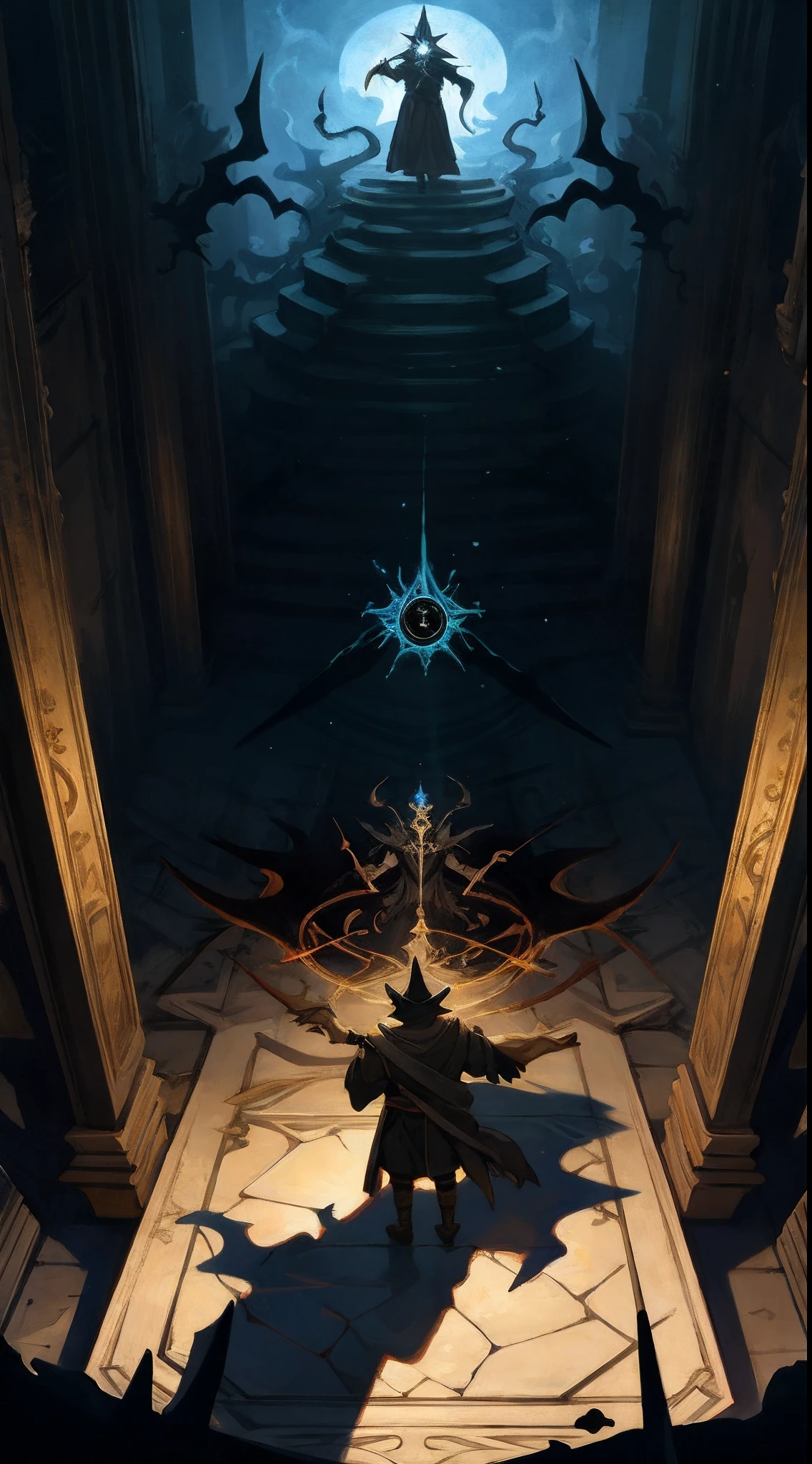 highres, top quality, best quality, paid reward available, High-quality illustrations by Vermeer, unparalleled masterpiece, perfect artwork, absurdres, perfect anatomy, standing in room, summoning an eldritch god,, summoning undead friends, spellcasting pose, album art, mmorpgs scene, dynamic lighting, deep shadow, cinematic angle,