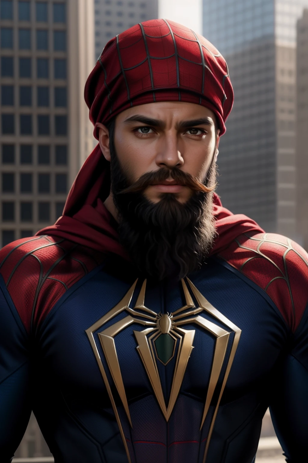 masterpiece, best quality, realistic, half body shot of bearded spider man wearingMuslimcap, marvel cinematic, detailed face, 8k, uhd, sharp focus