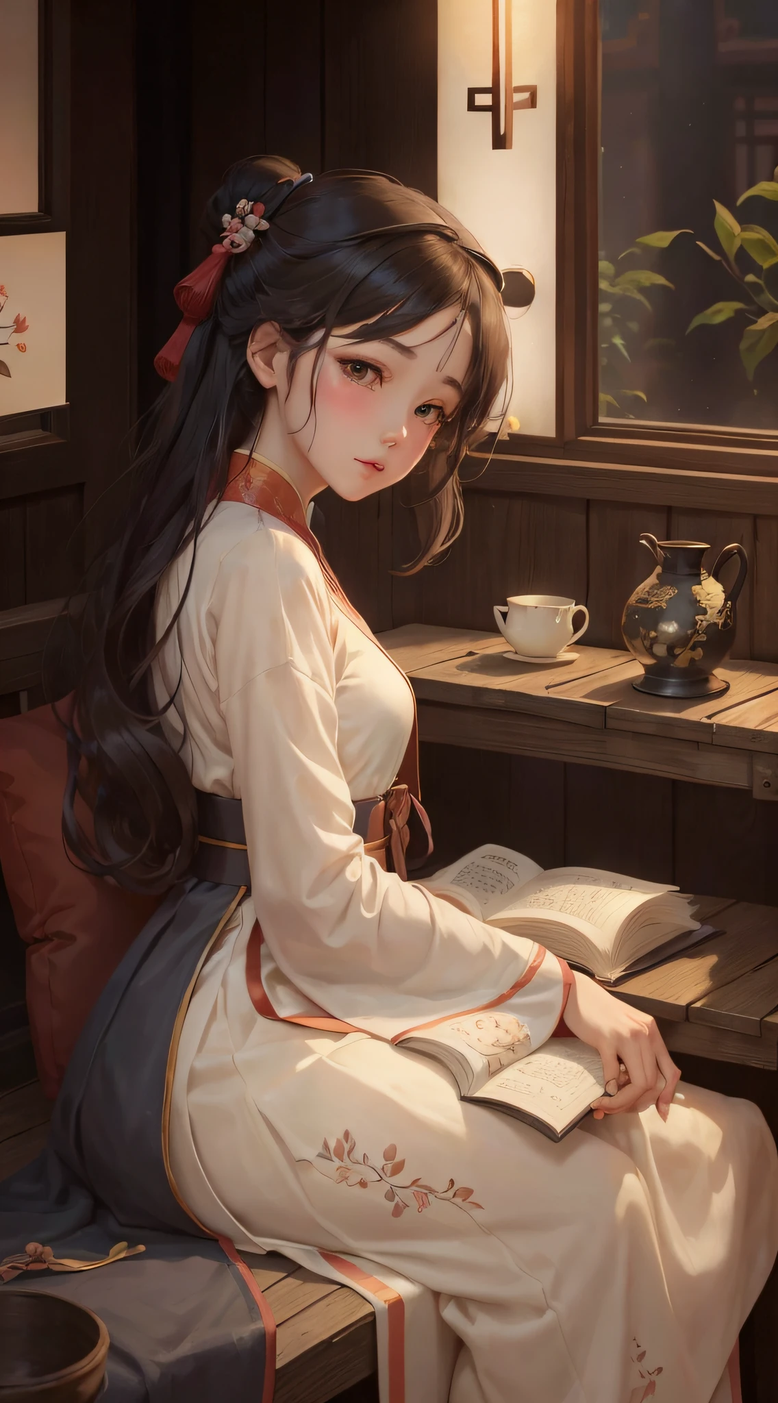 A girl sits at a table in Hanfu, The upper part of the body,Holding a book in his left hand, Right-handed comb, Character, Beautiful Chinese girl, 4 K illustration anime style, Beautiful artistic illustration