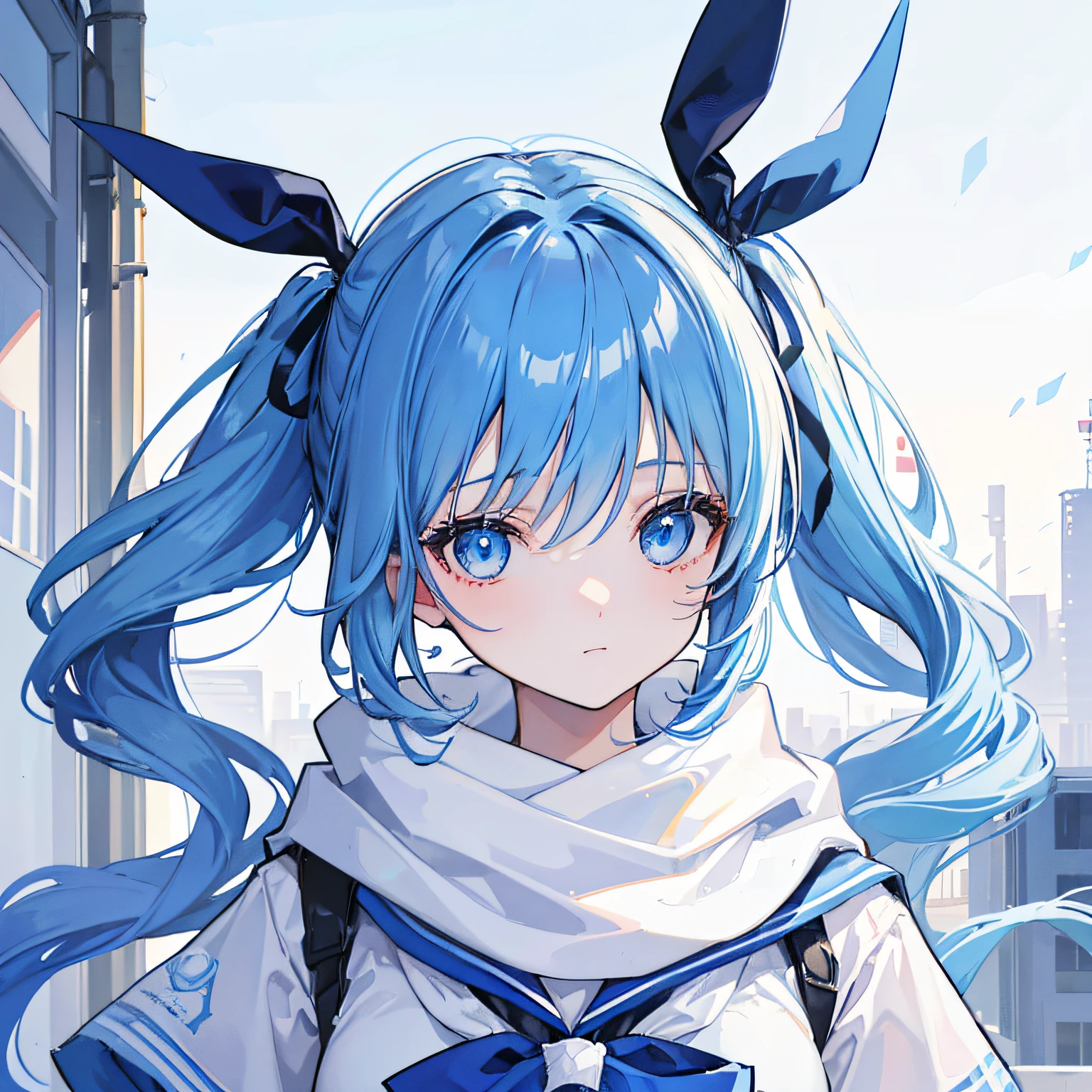 1girl, with light blue twintails hair and blue eyes, wearing 2 hair ribbon and a blue and white school uniform. The scene is set in winter, with the girl looking directly at the viewer. This image can be used as a profile picture.City background.Masterpiece,high-quality,absurdres,scarf