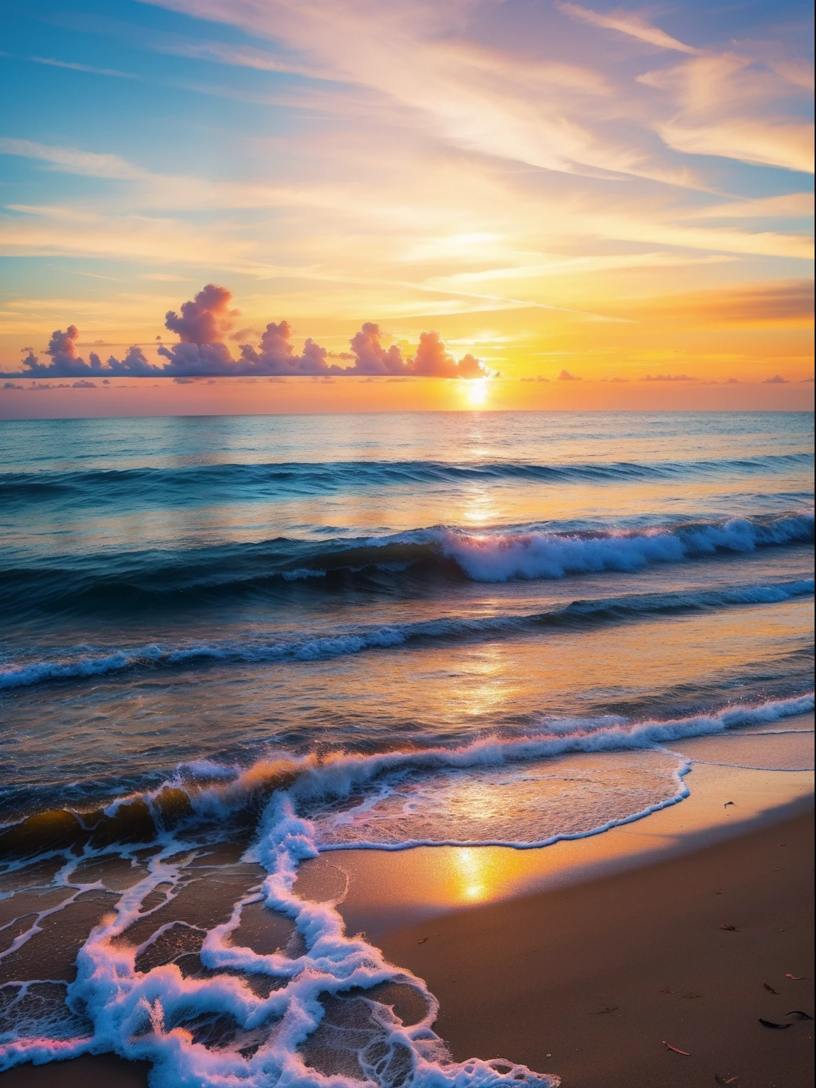 An absolutely mesmerizing sunset over the beach, with a blend of oranges, pinks, and yellows filling the sky. Crystal-clear waters of the sea gently kissing the shore, with sandy white beach stretching far and wide. The scene is dynamic and breathtaking, with seagulls soaring high in the sky and gently swaying palm trees. Take in the calming atmosphere and let the peacefulness wash over you.