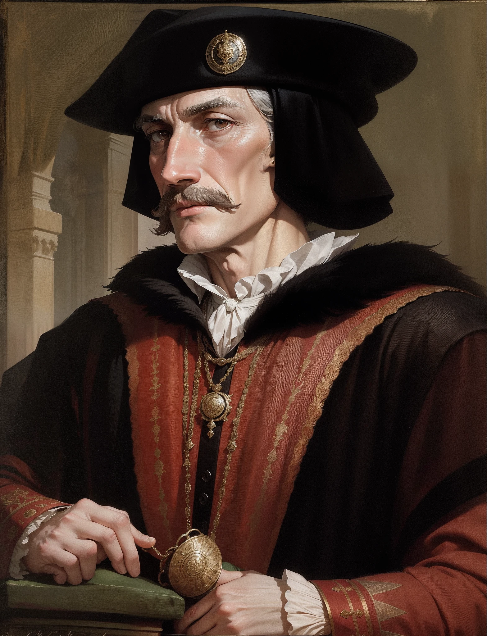 William de Croy, aristocrat clothes, very expensive and luxurious clothes, French, age of 45, old, strong, tall, main advisor in palace, majesty, holding great power, man, male, knowledgeable in politics, audience to Great King, knowledgeable, social, conspiracy, very suspicious, negotiable, 16th century, renaissance, age of exploration, Spain palace 16th century in background