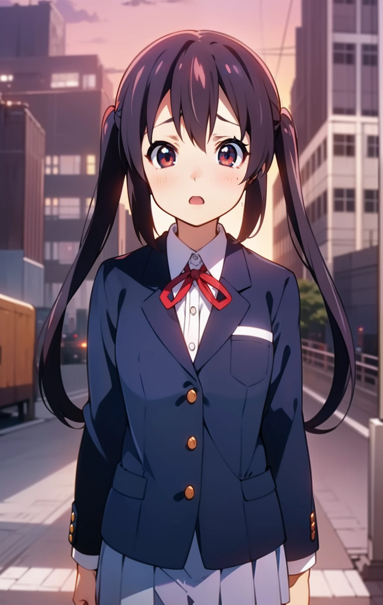 1girl, (((masterpiece))), highest quality, best quality, high detail, nakano azusa, 1girl, sakuragaoka high school uniform, school uniform, twintails, long hair, black hair, brown eyes, solo, red , a navy blue blazer with red narrow ribbon, a solid white buttoned shirt under the blazer, illustration, cartoon, soothing tones, calm colors, soft cinematic light, adobe lightroom, photolab, hdr, intricate, highly detailed, ((((depth of field)))). (((takeout))).dynamic focus.((big breasts)).(((Skyscrapers))).(((A city scape))).(((Face of sadness))). open mouth.(((up chest))).((evening glow)).((the setting sun)).