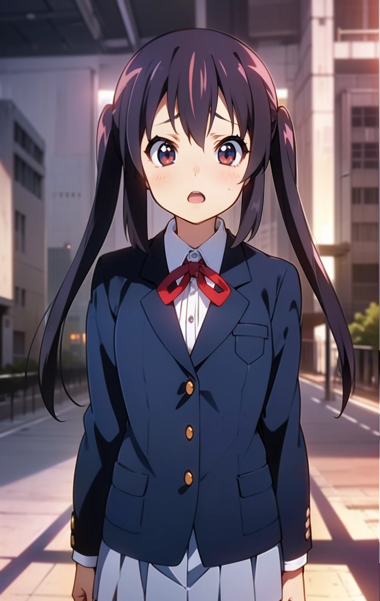 1girl, (((masterpiece))), highest quality, best quality, high detail, nakano azusa, 1girl, sakuragaoka high school uniform, school uniform, twintails, long hair, black hair, brown eyes, solo, red , a navy blue blazer with red narrow ribbon, a solid white buttoned shirt under the blazer, illustration, cartoon, soothing tones, calm colors, soft cinematic light, adobe lightroom, photolab, hdr, intricate, highly detailed, ((((depth of field)))). (((takeout))).dynamic focus.((big breasts)).(((Skyscrapers))).(((A city scape))).(((Face of sadness))). open mouth.(((up chest))).((evening glow)).((the setting sun)).