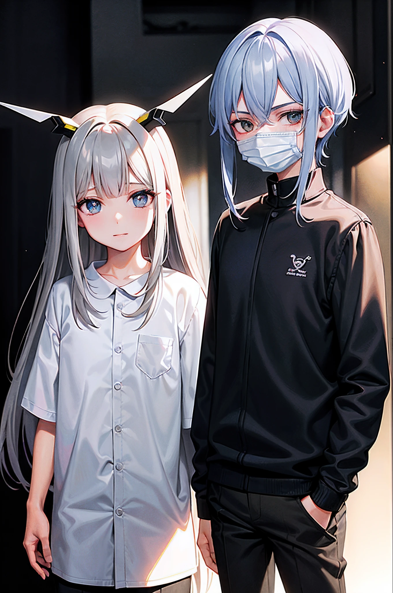 melhor qualidade, Ultra high resolution, 1boy, camisa branca manga longa, black trousers, black hygienic mask (cabelo loiro platinado com uma mecha preta na lateral:1), ((olhos inchados, Insomnia)), olhando no observador, corpo inteiro, de frente