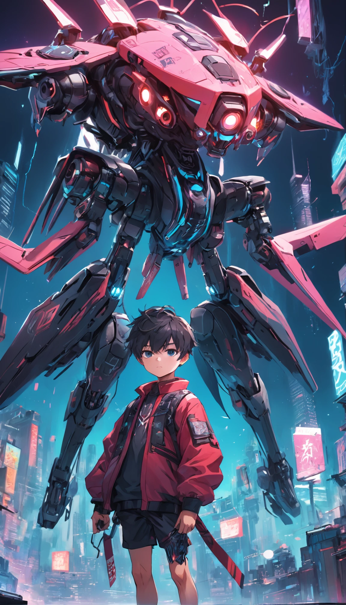 A boy controls a quadcopter drone,cyber punk style,ultra fine detailed,Unique angle