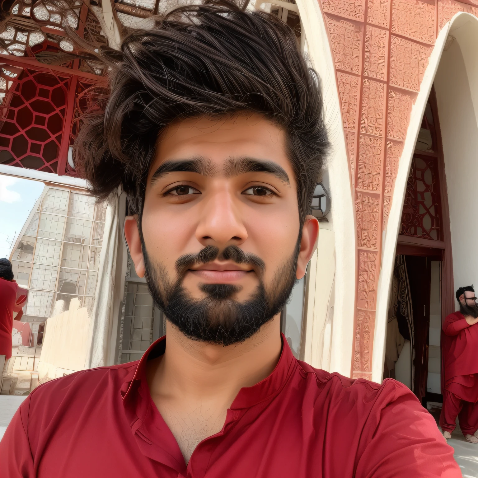 araffe man with a beard and a red shirt standing in front of a building, khyzyl saleem, ash thorp khyzyl saleem, portait photo profile picture, an afghan male type, sayem reza, kyza saleem, without beard, front profile!!!!, 8k selfie photograph, roshan, very very low quality picture