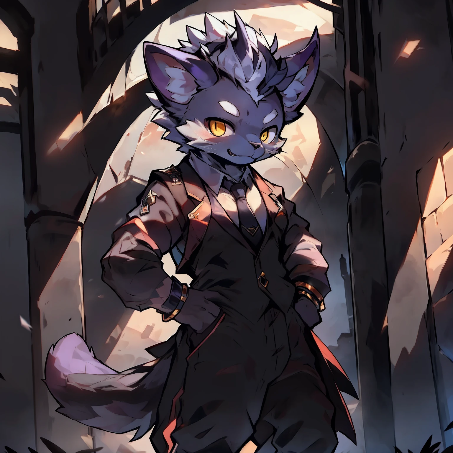 Best quality, Young, 15 year old, Furry, Solo, Male Tiger: 1.5, Purple fur: 1.5, Purple Ears, Animal Ear, Yellow eyes, Muscular body, Wearing black butler suit, Standing in the courtyard of British castle, Wearing bracelets, Mohawk hair, Rich body movements, Detailed fur, Detailed clothes, Complex background, fangs, cat whiskers, Formal costume, necktie.