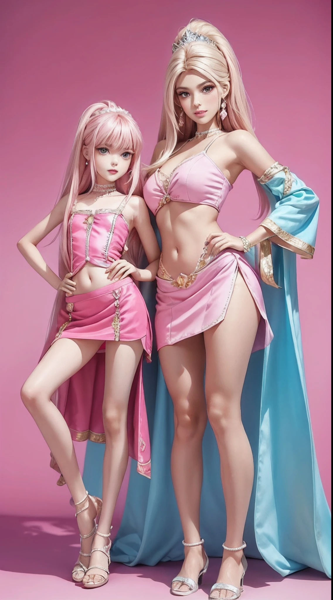 （（（Barbie pink background 1.2））），barbiecore，A princess，Slim and slim，cabellos largos dorados，Kizi，delicated face，pretty short skirt，sandals，Stockings，very vey very detailed face，Delicate and delicate facial features