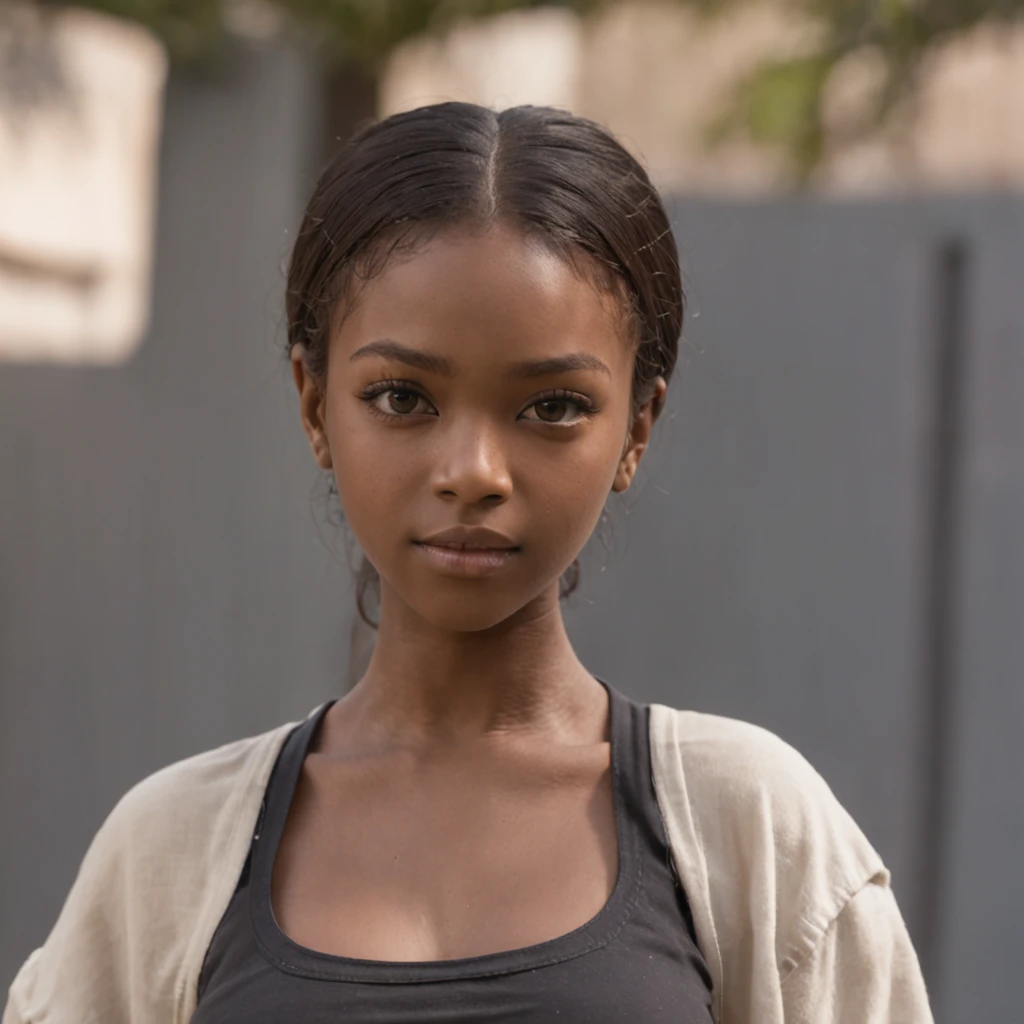 best quality, high detail, (detailed face), detailed eyes,((best quality, masterpiece)), ((2 caramel skinned African girl)), school uniform, (arms at side:1.2), groin,big hip bones, ponytail, black hair, (((underboob))), standing, outdoors, looking at viewer,