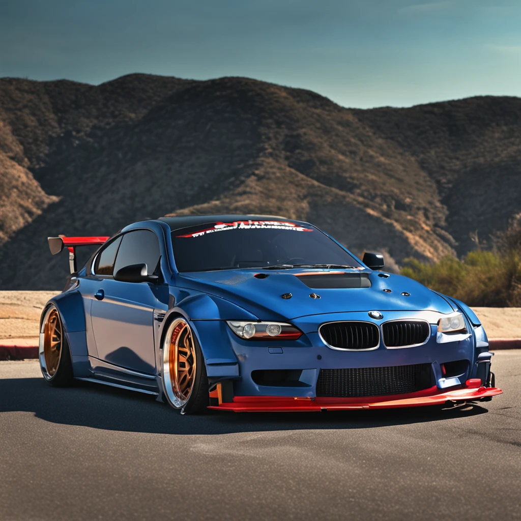 Bmw with liberty walk bodykit, riding on the road, in sunshine morning, The direction of the front of the car is on the left, Don’t make photos too cartoony